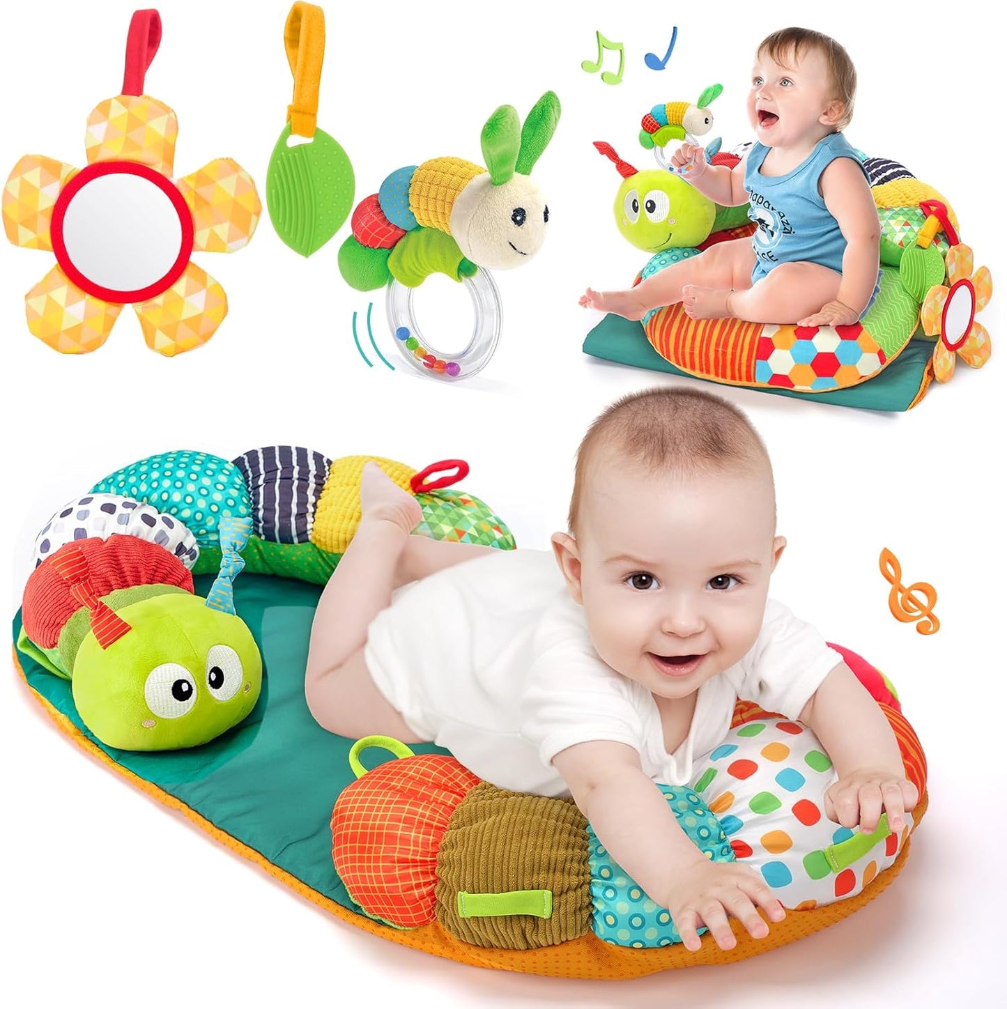 hahaland Baby Toy 3 6 9 12 Months, 3-in-1 Removable Caterpillar for Baby Prone Position Help Sit Support, Tummy Time Toys Play Cushion with Rattle, Teething Ring, Mirror for Baby Toys from 0-6-12
