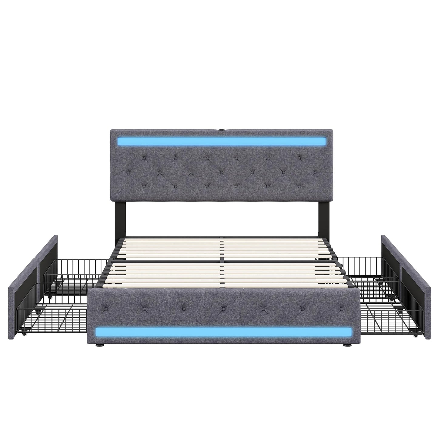 KeepGoon Doppelbett 140 x 200 cm,Polsterbett mit LED-Leuchten, 4 Eisenschubladen und einem USB Ladeanschluss,Stauraumbetten Bettgestell,Leinenstoff (Beige)