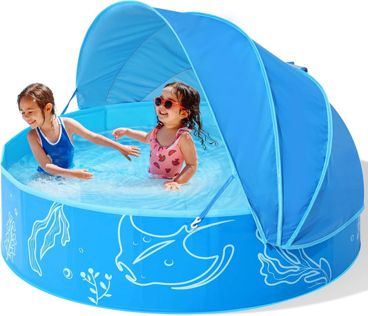 Hikiddy Schattiges Planschbecken für Kinder: 119,4 cm Pop-Up-Babypool mit Schatten für Sommer, Strand, Garten, Badespielzeug, Blau