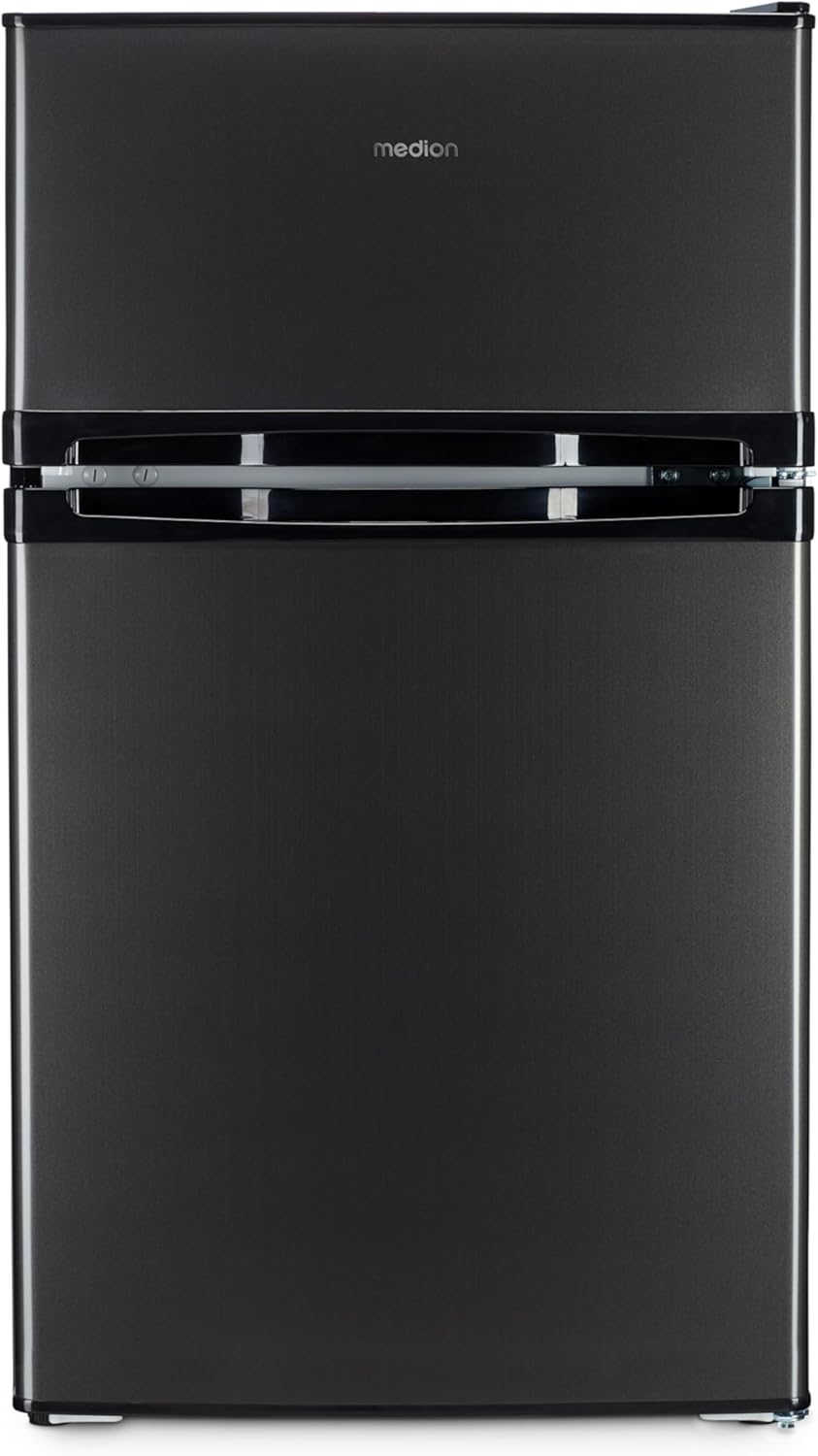 MEDION MD 37689 Mini Fridge-Freezer Combination (85 Litres, 61 L Fridge Compartment, 24 L Freezer, Freestanding, 40 dB, Transparent Vegetable Drawer, Interchangeable Door Hinge, Grey