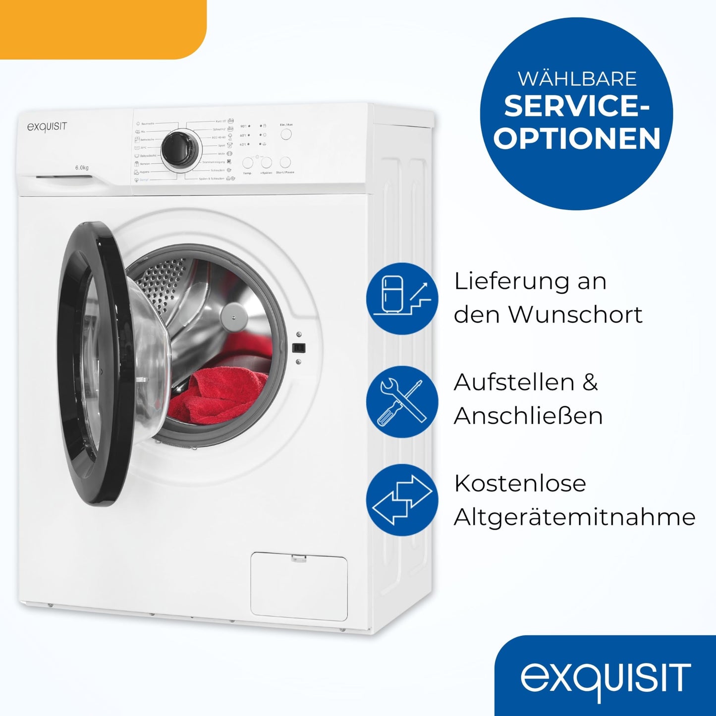 Exquisit Waschmaschine 6kg, Energieeffizienzklasse A, max. 1000 U/min, ECO 40-60, Kurzprogramm, Kindersicherung, 16 Waschprogramme, WA56110-020A weiss