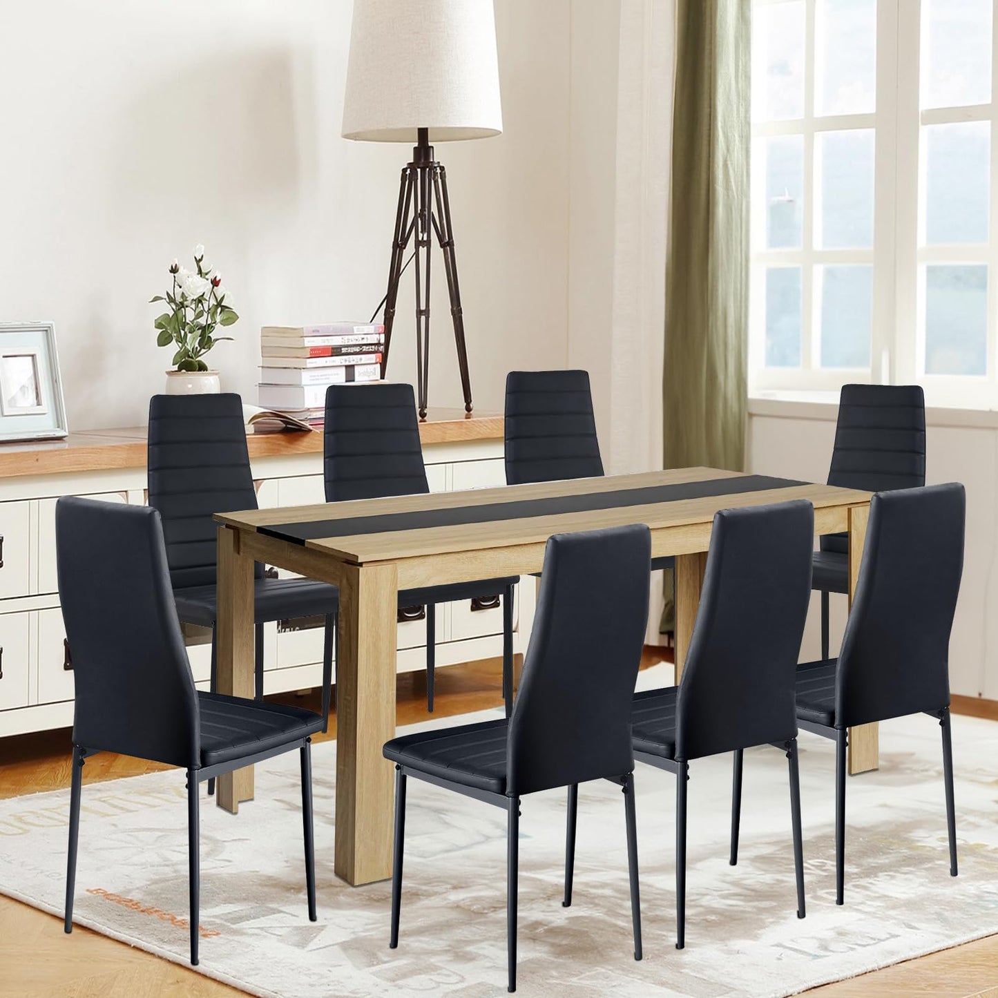 FURNITABLE Esstisch mit 6 Stühlen Esszimmergruppe, Essgruppe mit Hochlehner Kunstleder Stuhl für 6 Personen, Sitzgruppe für Küche Wohnzimmer(160cm Eiche-Weiß Tischbein Tisch+6 Schwarz Stühle)