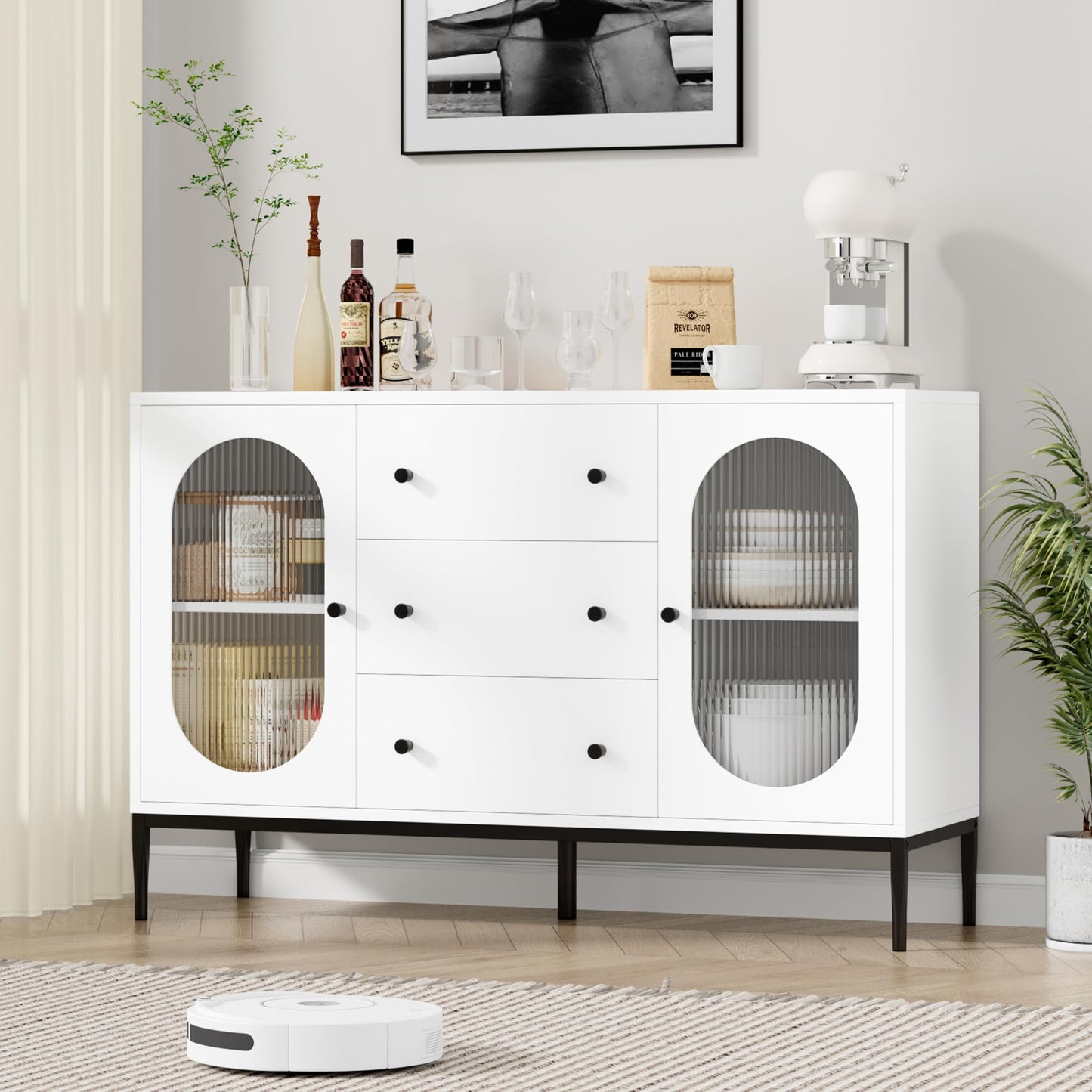 FirFurd Sideboard 120 cm Wide Kitchen Cabinet with Worktop Buffet Cabinet with 2 Glass Doors 3 Drawers Kitchen Buffet with Adjustable Shelf for Kitchen Dining Room Living Room 120 x 38 x 80 cm Black