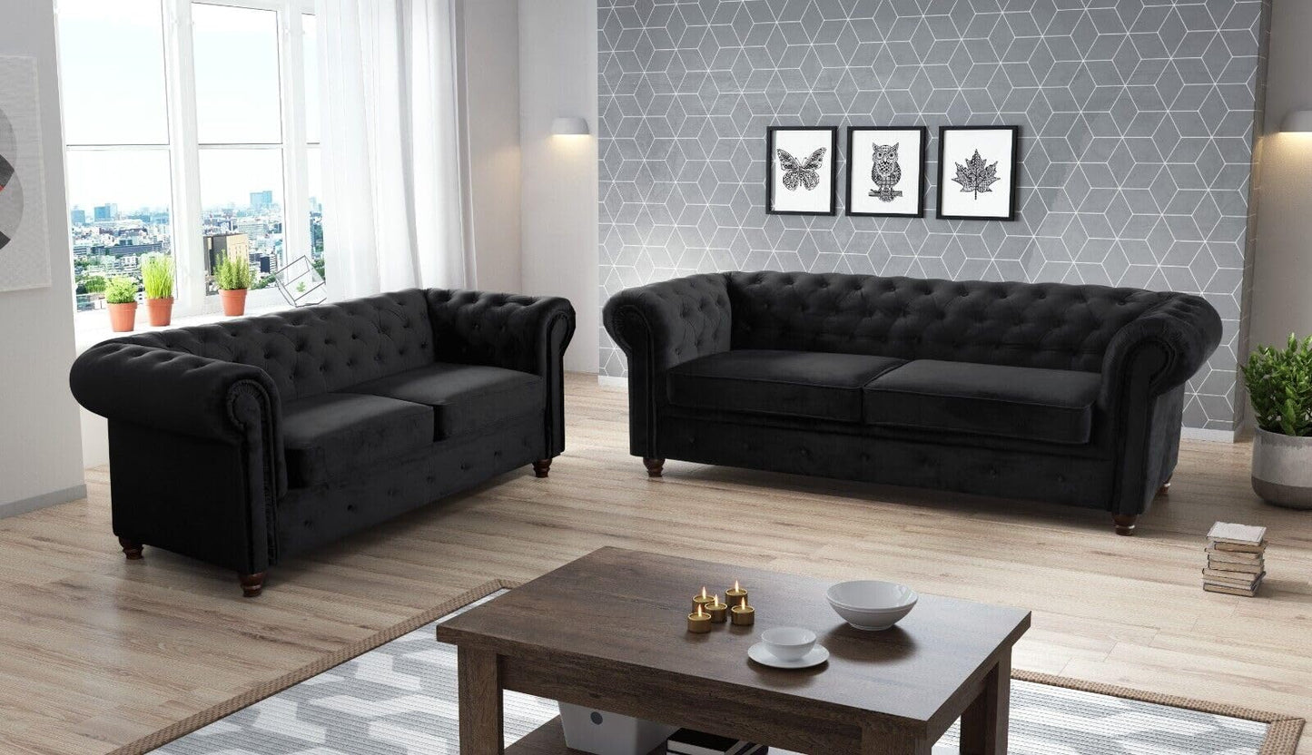 Easy4You Chesterfield Black Set 3-Seater + 2-Seater Sofa Sofas for Living Room Sofa Sets with Wooden Feet Set Sofas & Couches