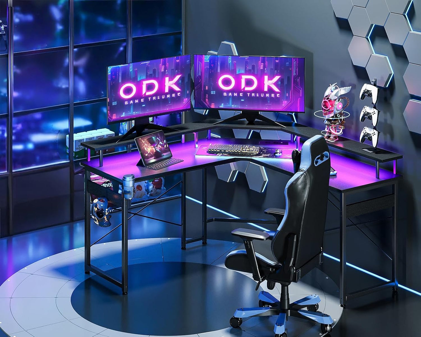 ODK Gaming Tisch mit LED, Gaming Schreibtisch mit 2 Steckdosen und 2 USB Ladeanschluss, PC Tisch Gaming mit großzügiger Monitorablage, Gamer Schreibtisch in Kohlefaser Weiß, 129x129 cm