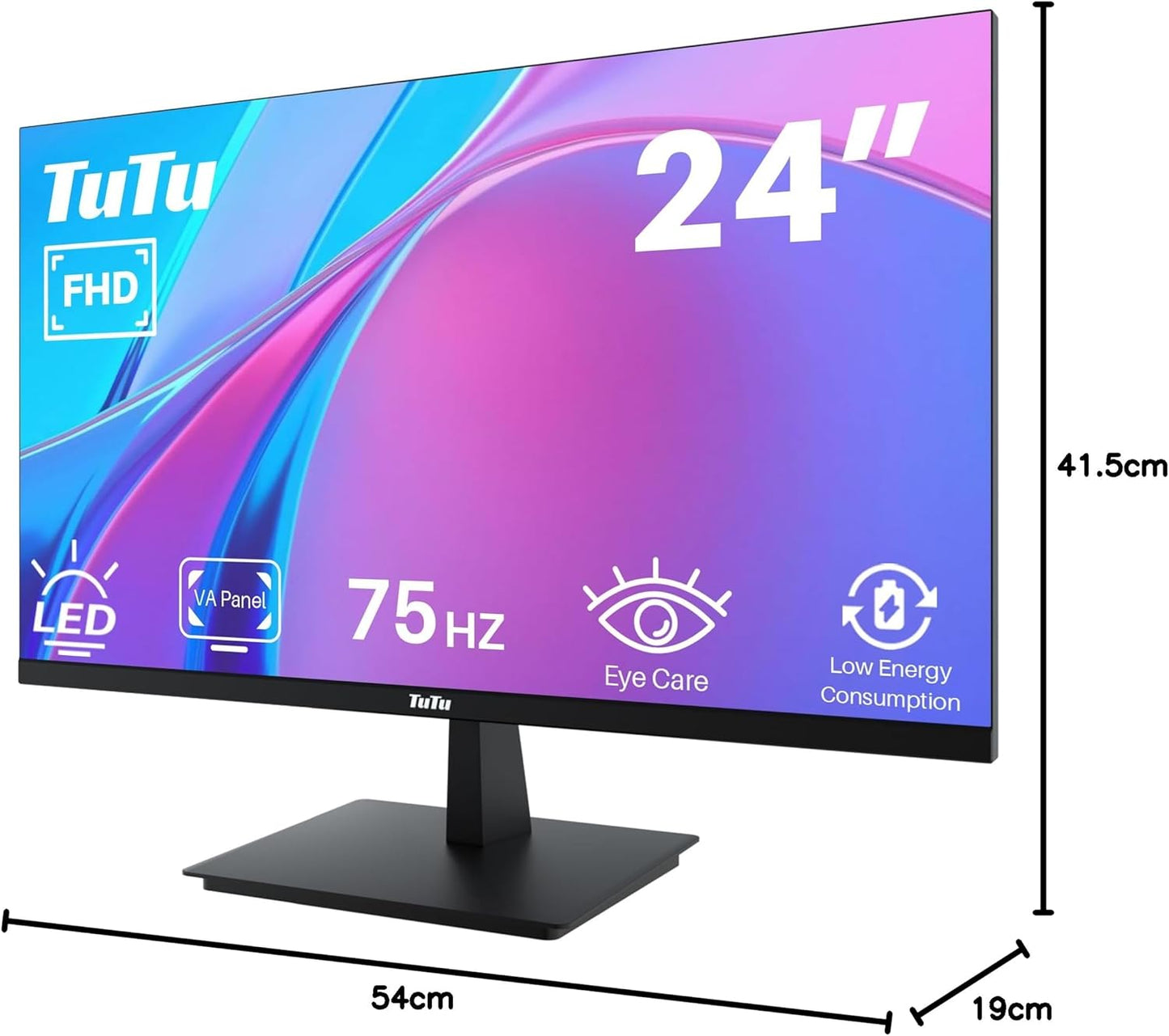 TuTu 24 Zoll Monitor Full HD VA Panel Randlos 75HZ Eye Care (1920 x 1080, VGA HDMI VESA 75 x 75mm) Flimmerfrei Blaulichtfilter Niedriger Stromverbrauch Monitor für PC Büro Schwarz