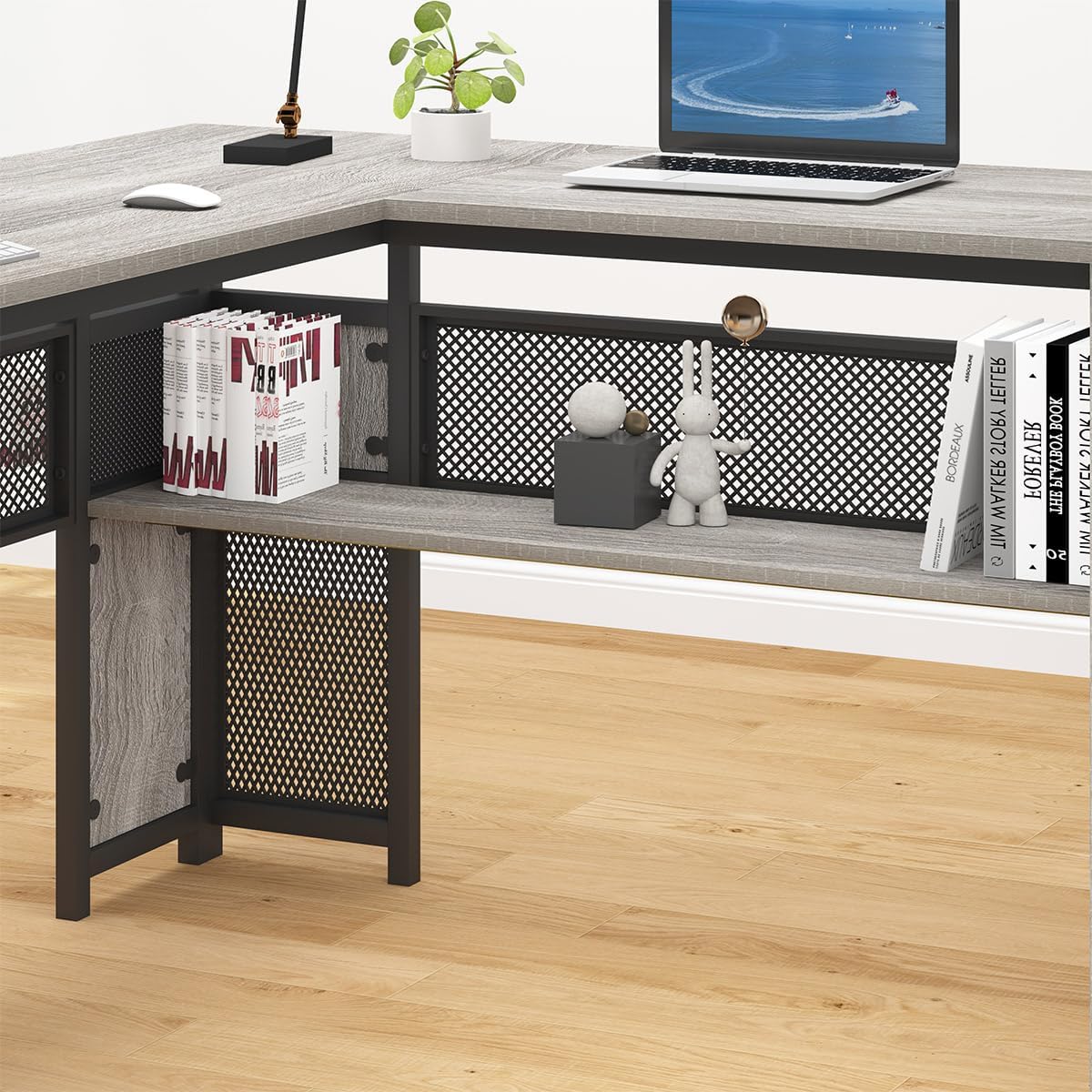 HSH - Black L Shape Corner Desk with Filing Drawers and Shelves, Reversible Corner Desk Made of Metal and Wood with Storage Cabinets