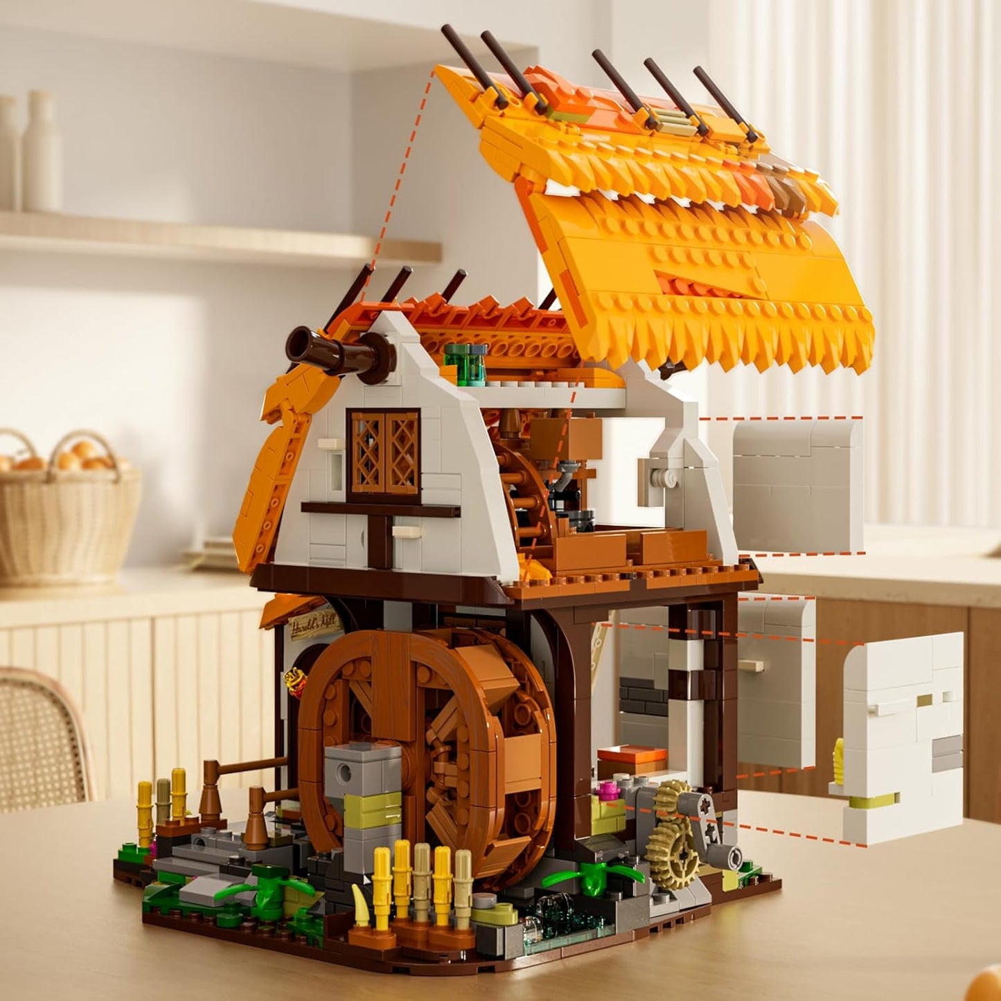FUNWHOLE Mittelalter-Mühle Beleuchtungsstein-Set – Bewegliche Mühle mit Wasserad und Beleuchtung, 1278 Teile, Sammlerstück für Mittelalter-Fans