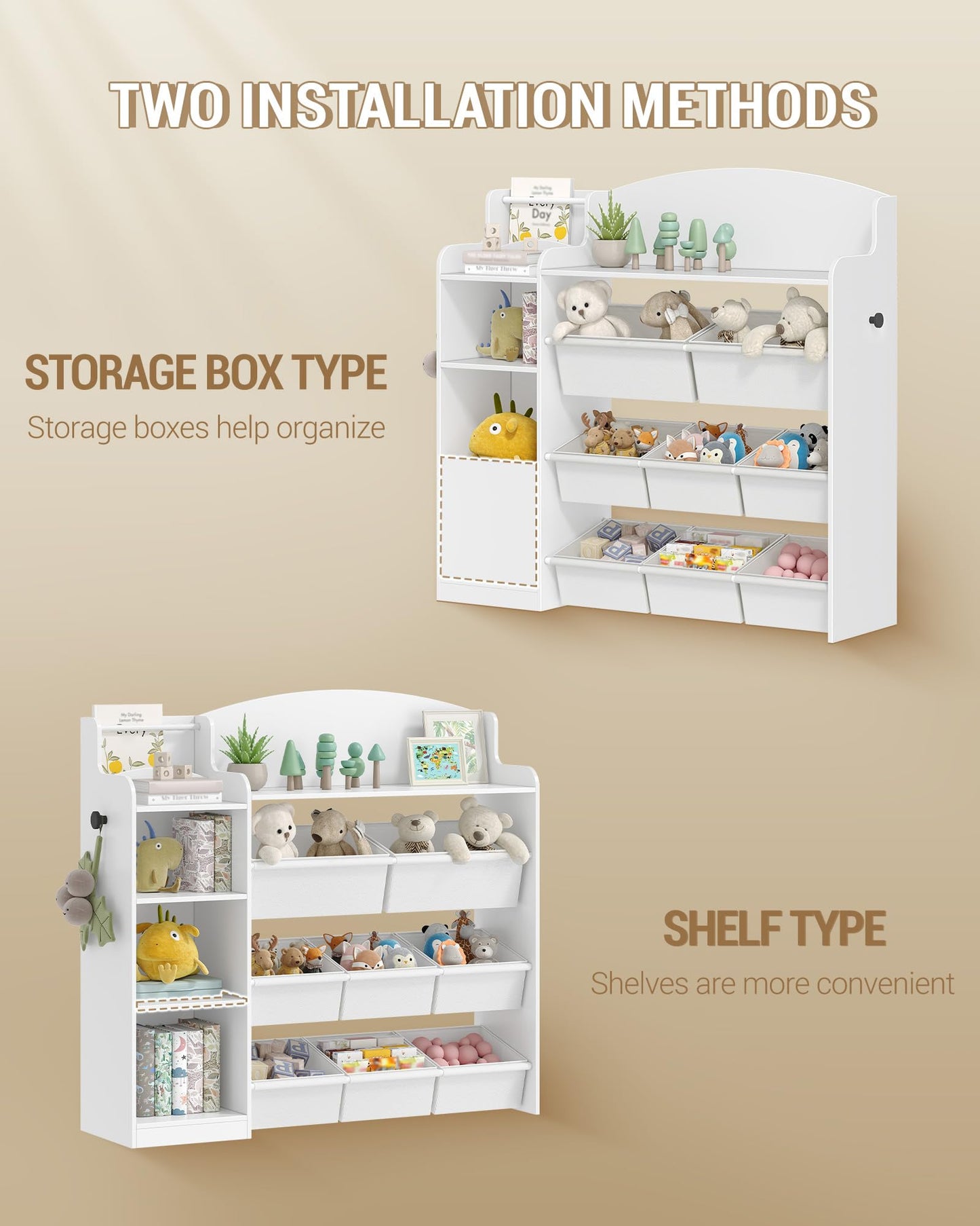 Hzuaneri KB43003W Children's Bookcase, Wooden Bookcase, Toy Shelf with 8 Fabric Drawers for Children's Room, Living Room, Study, White, 30 x 140 x 100 cm