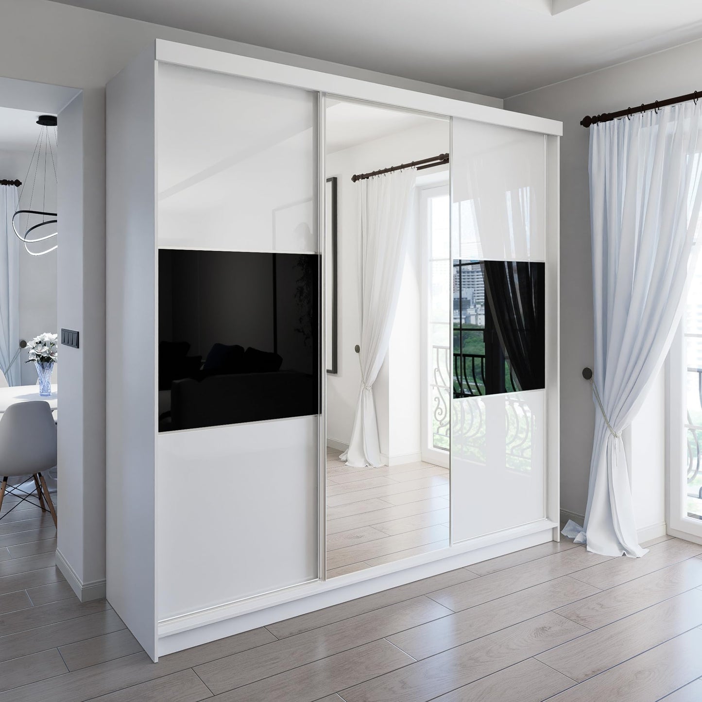 Marlux-Meble Two-Door Wardrobe 230 cm Wide with Floating and Sliding Doors Corner Wardrobe Bedroom Cabinet Hallway Cabinet System Cabinet High Gloss Cabinet