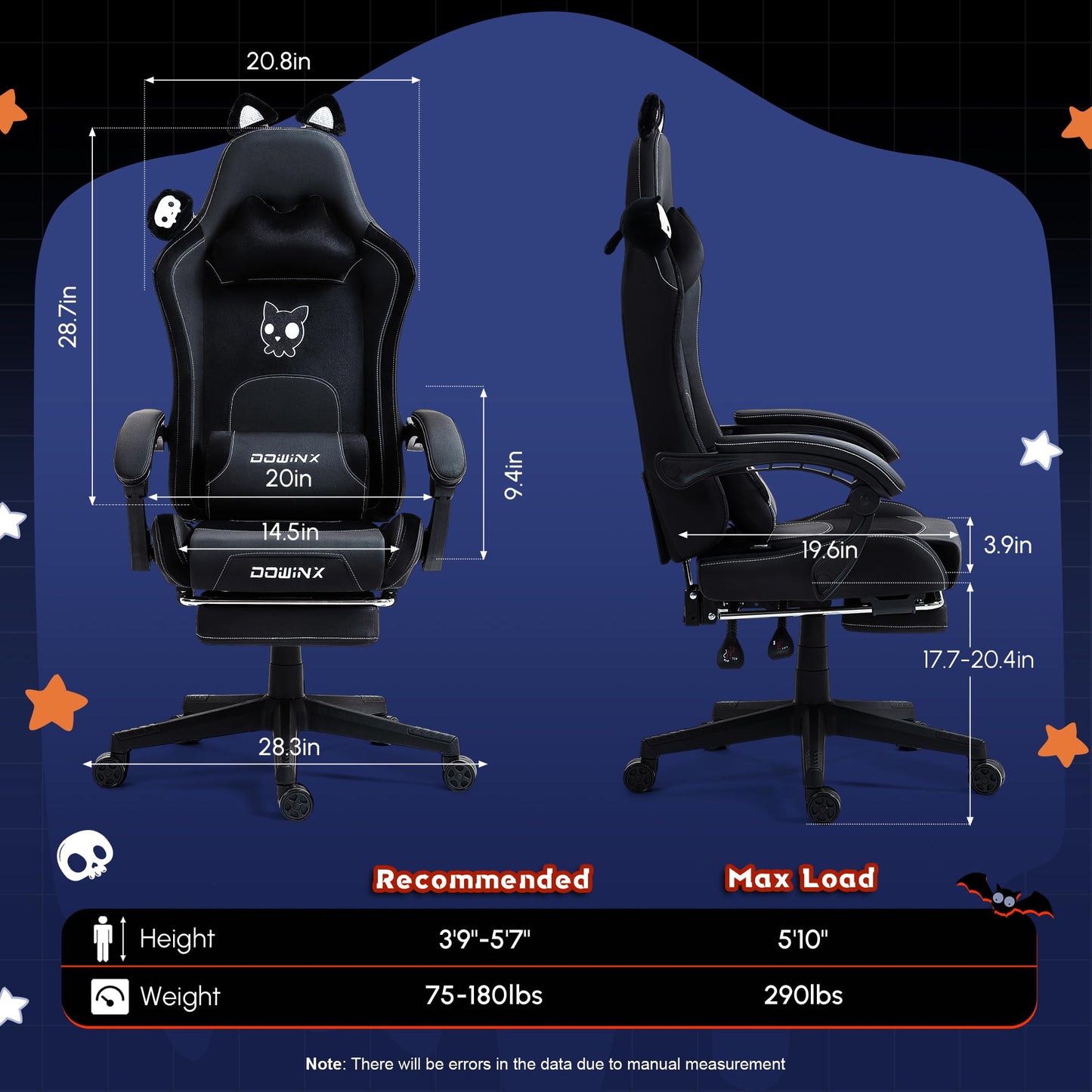 Dowinx Gaming Chair - Cute Cat Edition - Ergonomic Computer Chair with High Back and Lumbar Support, PU Leather, Footrest, Black