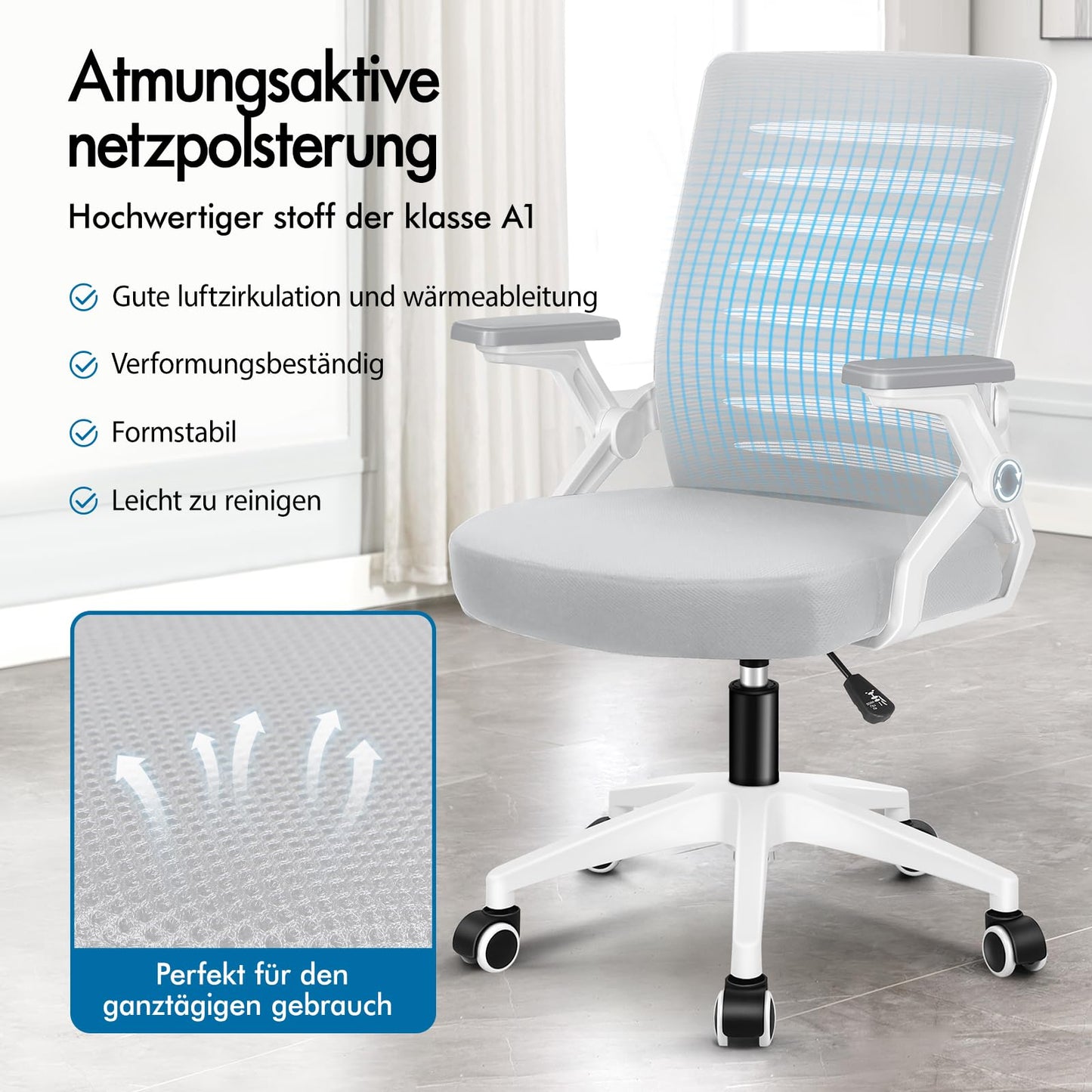 ALFORDSON Bürostuhl, Lendenstütze, Atmungsaktives Netz und Stoff, Hochklappbare/Verstellbare Armlehnen, Hochwertiger Schaumstoff, 180kg für Zuhause & Gaming, Wale, Schwarz