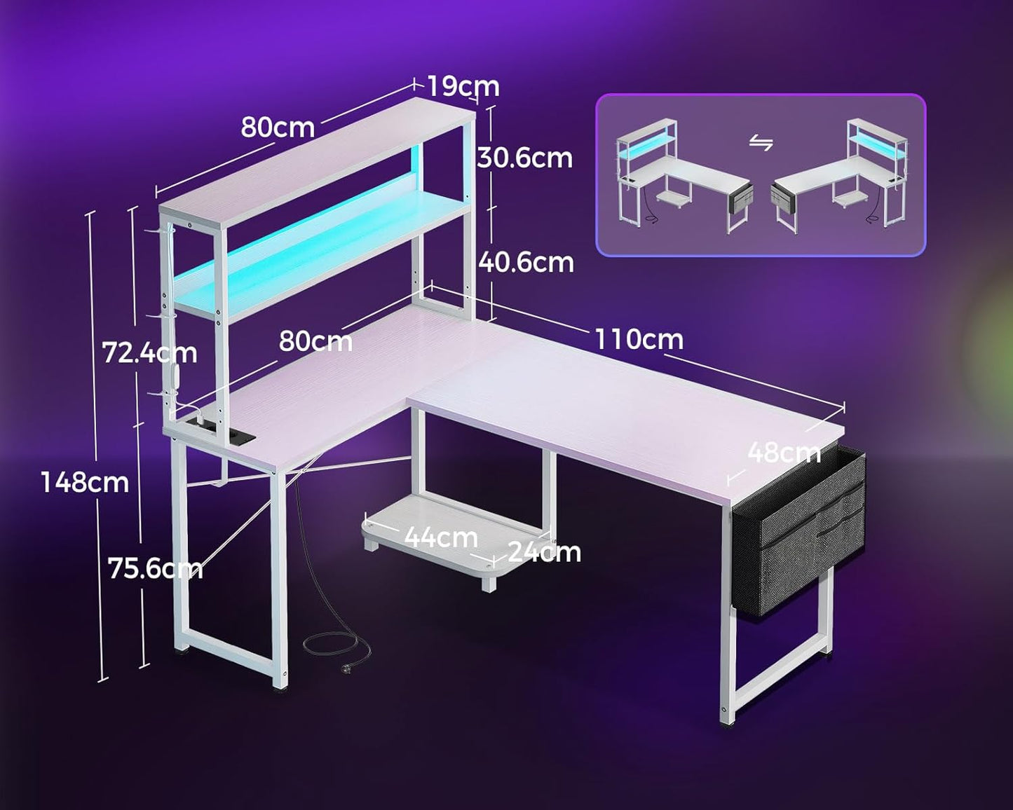 Coleshome Gaming Tisch L Form mit LED & Steckdosen, 135 × 100 cm Reversibel Gaming Schreibtisch mit Ablageregalen, Eckschreibtisch mit Aufbewahrungstasche für Homeoffice und Gaming, Schwarz