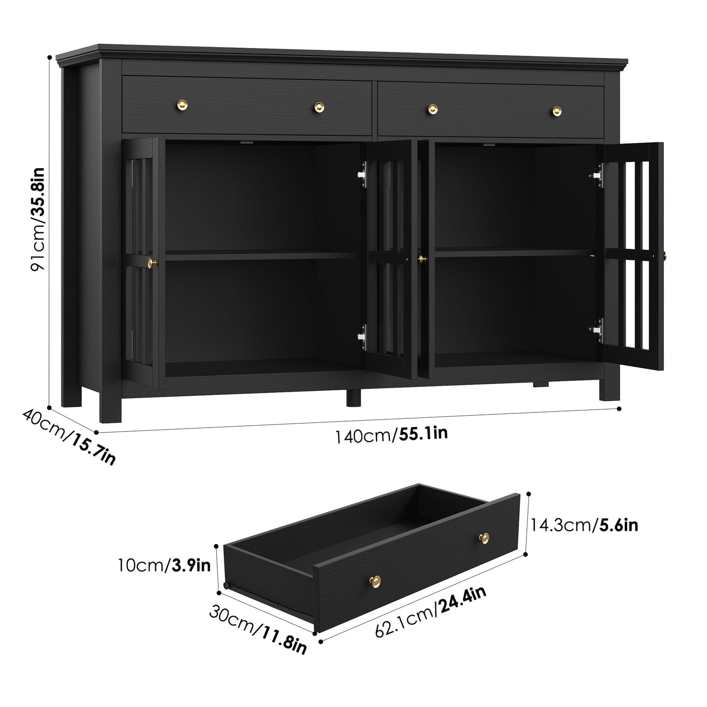 FirFurd Sideboard 140 cm Wide Kitchen Cabinet with Worktop Sideboard Living Room Kitchen Buffet Cabinet with 2 Drawers 4 Glass Doors Kitchen Buffet with Adjustable Shelves 140 x 40 x 91 cm Black