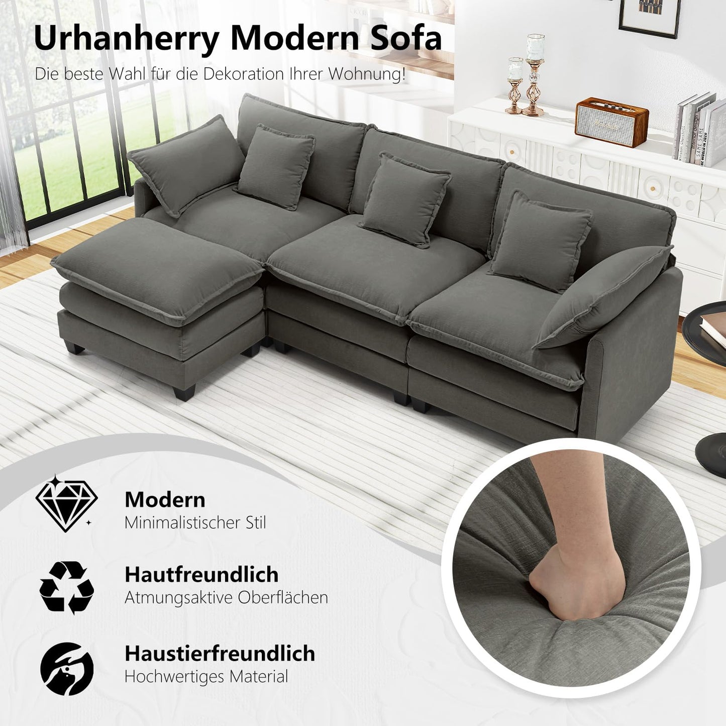 Urhanherry U-Shape Cloud Sofa, Modular Sectional Sofa, 6-Seater with 2 Ottomans, Modern Sofa with Decorative Cushions/Armrests, Breathable Chenille Fabric, U Sofa Couch for Living Room, Beige