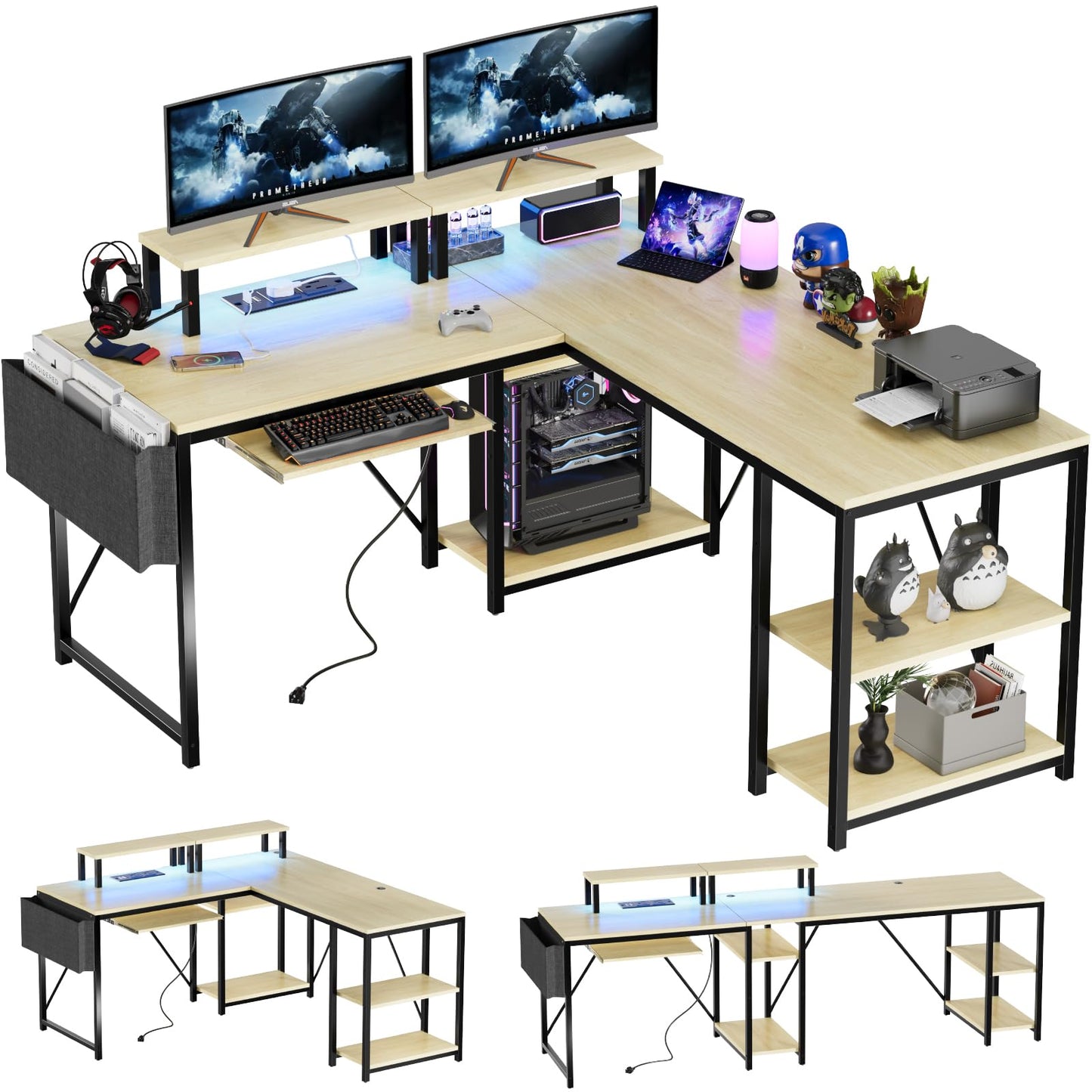Flamaker Gaming Tisch l Form 140x140 cm - Eckschreibtisch mit RGB LED, Monitorständer & Ablagefach | 2 Steckdosen + 2 USB-Anschlüsse (Weiß)