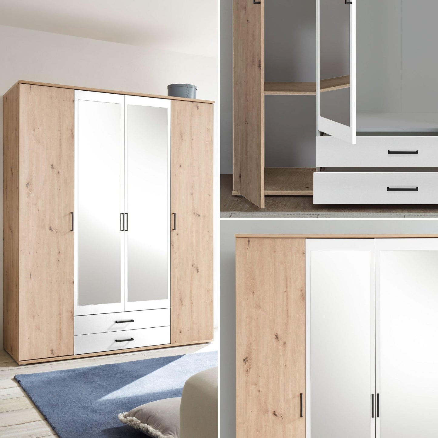 Stella Trading CHICAGO Eleganter Kleiderschrank mit viel Stauraum - Vielseitiger Drehtürenschrank in Artisan Eiche Optik und Absetzungen in Anthrazit - 156 x 197 x 54 cm (B/H/T)