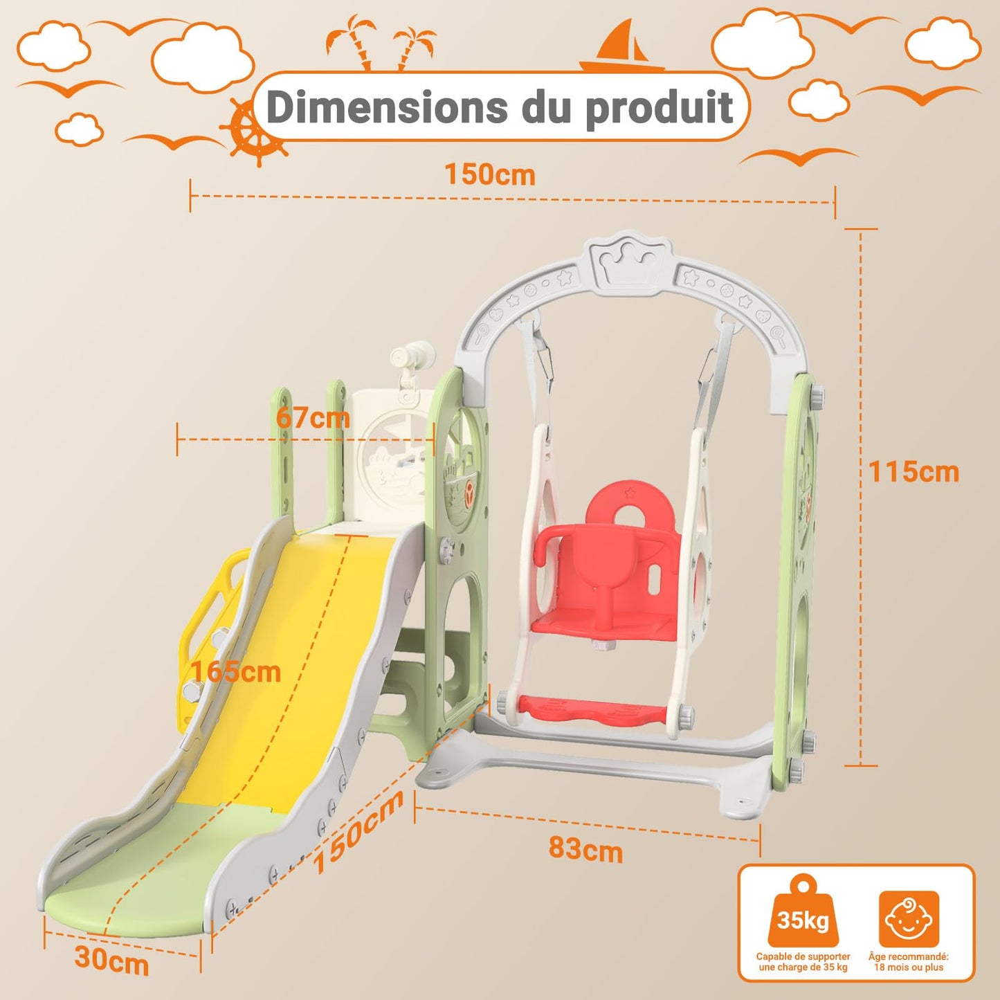 DADEA 6 in 1 Kinderrutsche mit Korb, Rutsche und Schaukel für Kinder im Freien Grün, 150 × 150 × 115 cm, Babyschaukel und Rutsche für Kinder zu Hause Schaukel Kinderrutsche, Grün