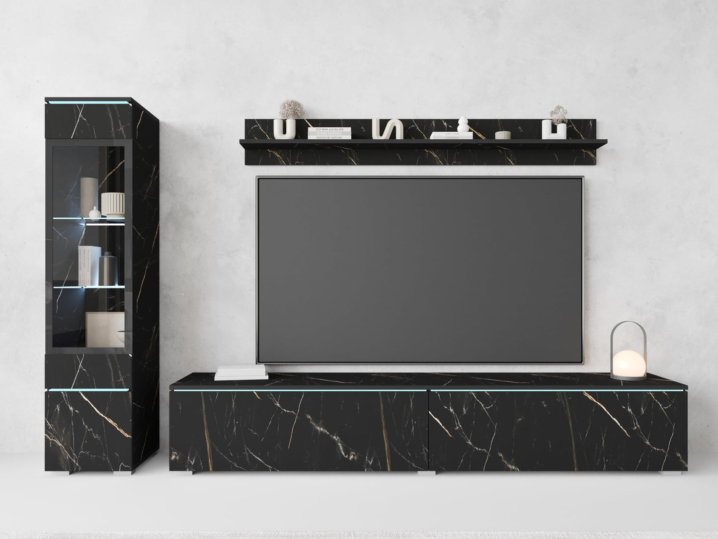 MINIO go for it Veve 2, 4-Piece Wall Unit Set, Hanging or Standing, 2 x Tall Cabinet Display Cabinets, Lowboard, Wall Board, Laminated Clamping Plate, Wotan Oak and Black Gloss, without Lighting
