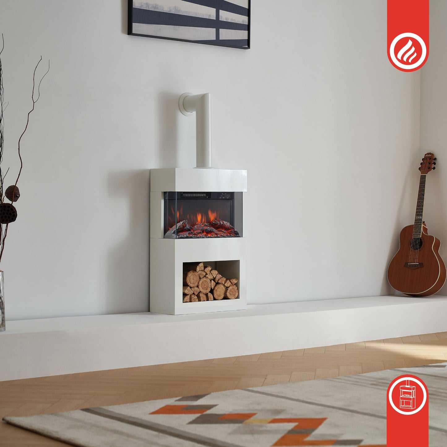 KAMINIO Henri Electric Fireplace with Stove Pipe - Electric Stove with Heater, 3D Flame Effect, Wooden Compartment, Remote Control (White)