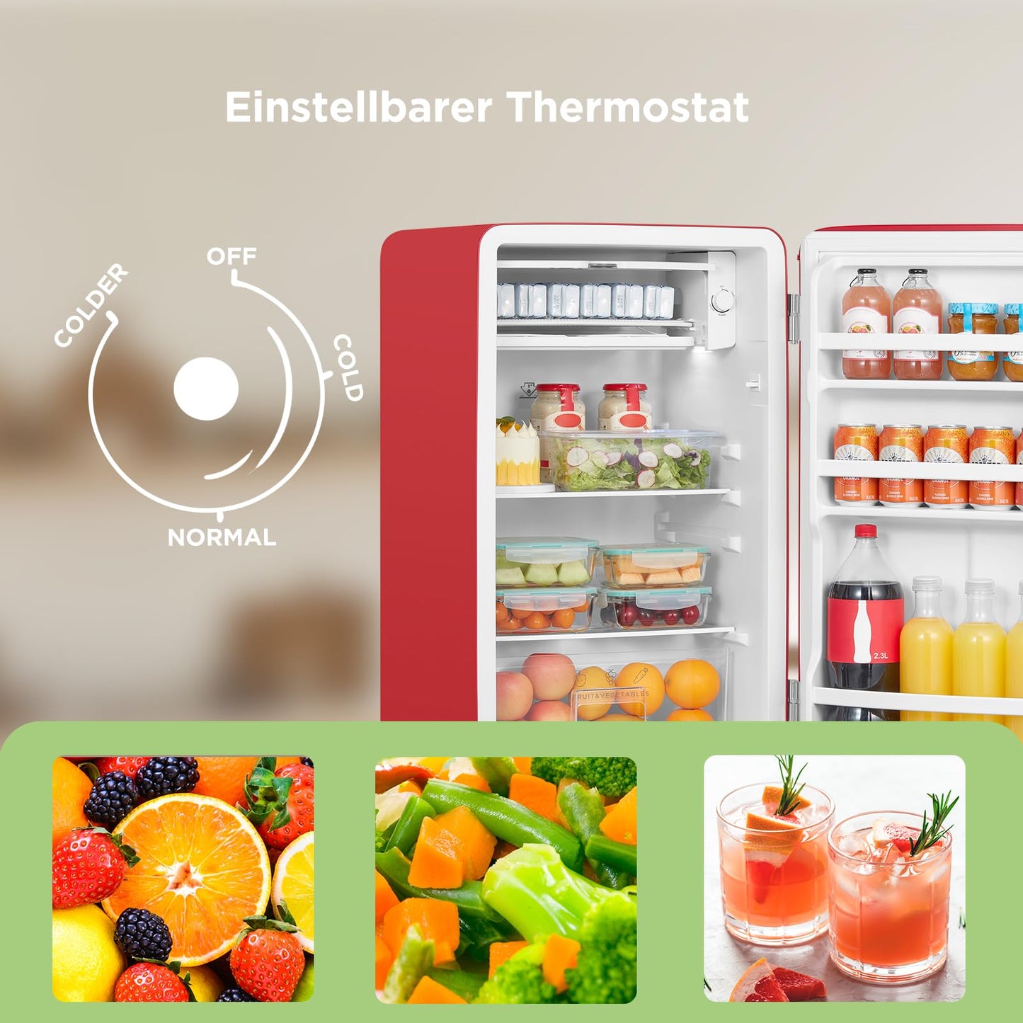 Comfee' RCD93RE2EURT(E) Kühlschrank Klein, 93 Liter Retro Kühlschrank, Mini kühlschrank mit verstellbare Thermostat, Silent, geeignet für Zuhause, Büro und Hotel, Rot