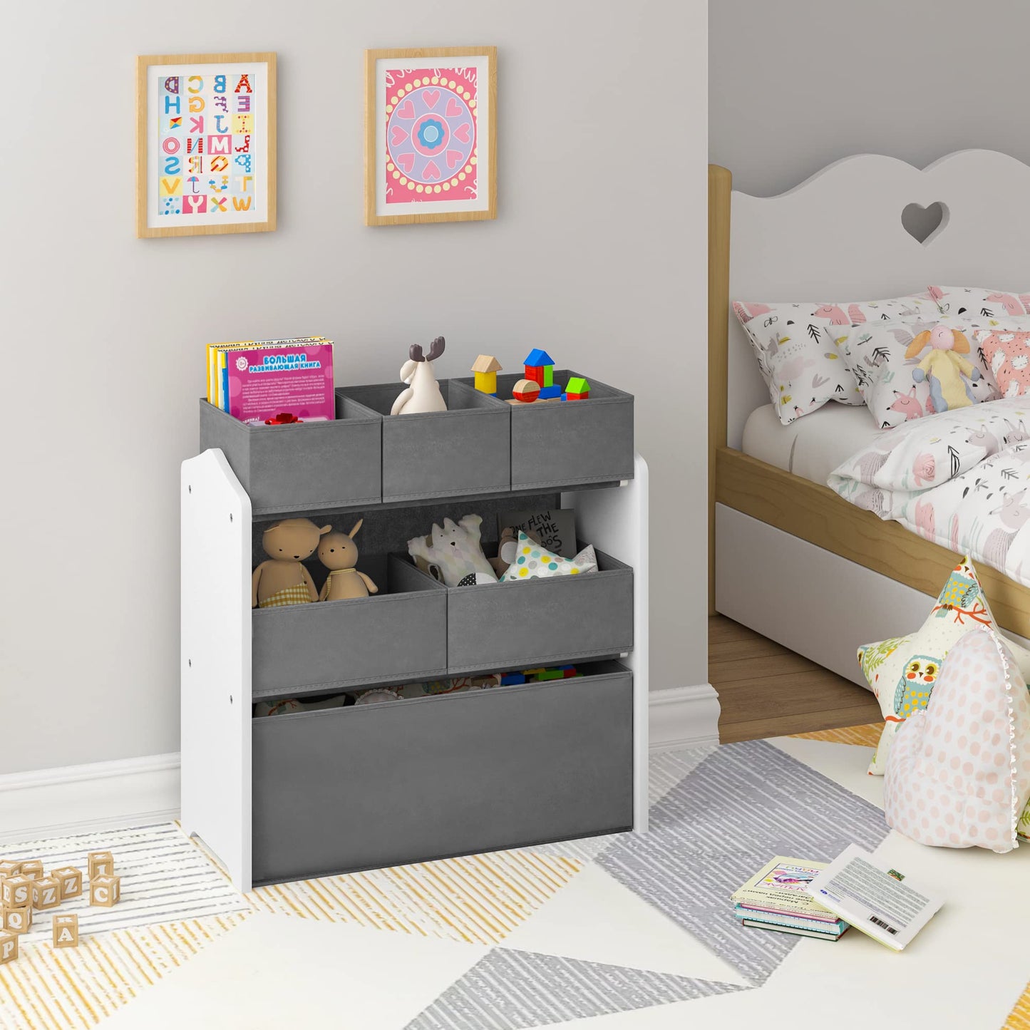 Lestarain Kinderregal mit 9 Aufbewahrungsboxen, Spielzeugregal, Regal Kinderzimmer Spielzimmer, Kinderregal, 63x60x30 cm, Weiß