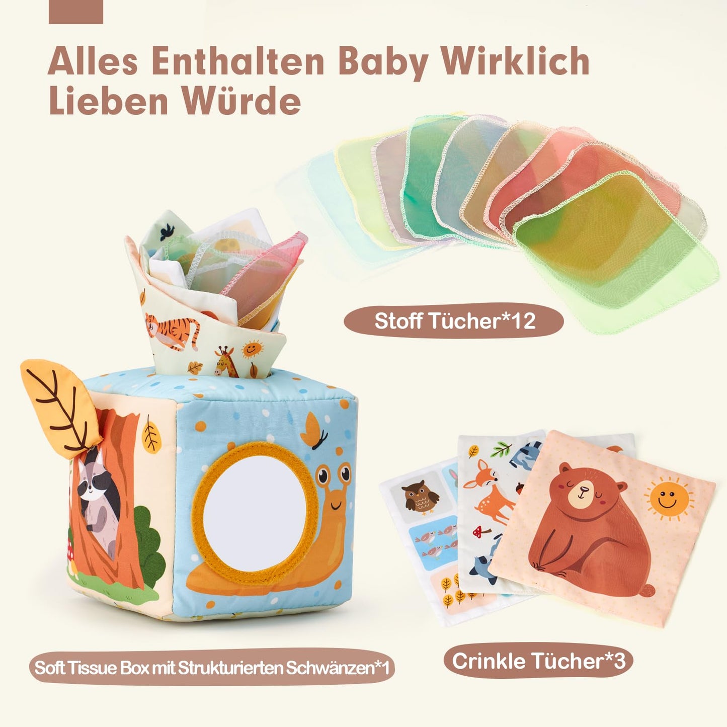 hahaland Baby Spielzeug 6 12 Monate Tissue Box, Montessori Toy Sensorik motorik Spielzeug, Stofftücher Kontrastreiche Farben Lernen Sensorische Spielzeug für Jungen Mädchen Geschenke