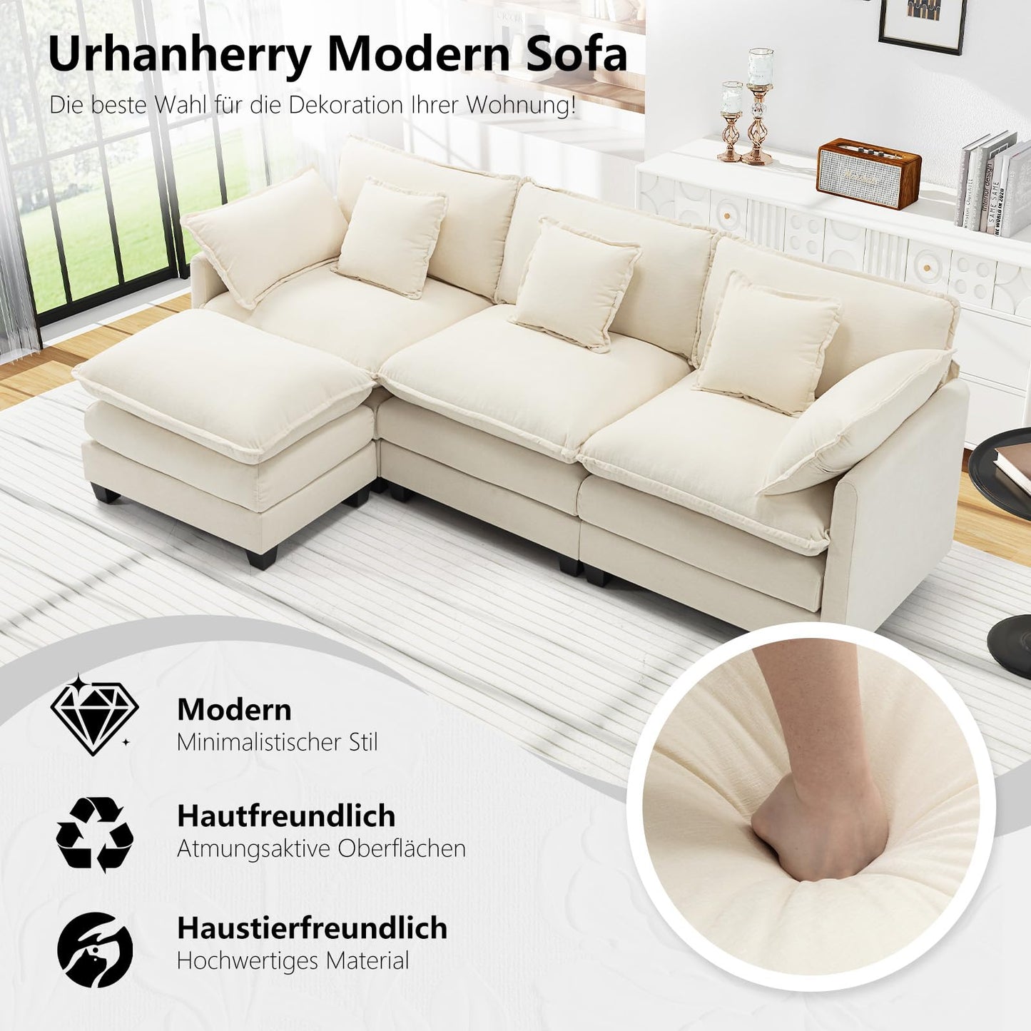 Urhanherry U-Shape Cloud Sofa, Modular Sectional Sofa, 6-Seater with 2 Ottomans, Modern Sofa with Decorative Cushions/Armrests, Breathable Chenille Fabric, U Sofa Couch for Living Room, Beige