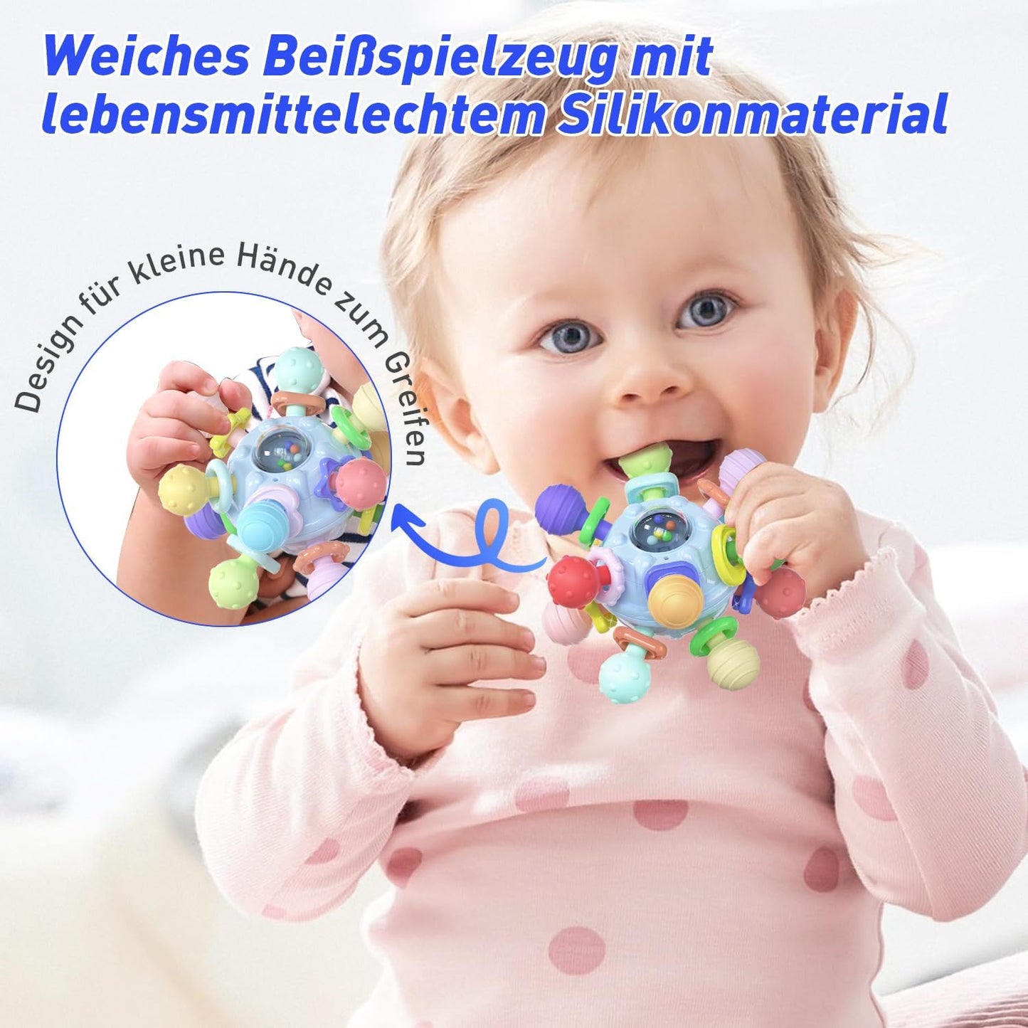 Baby Toy, Baby from 0-3 Months, Silicone Teething Ring, Sensory Rattle Grab Ball, Baby Toy Made of Silicone, Montessori Motor Skills Toy, Baby Rattle for Babies from 3-18 Months
