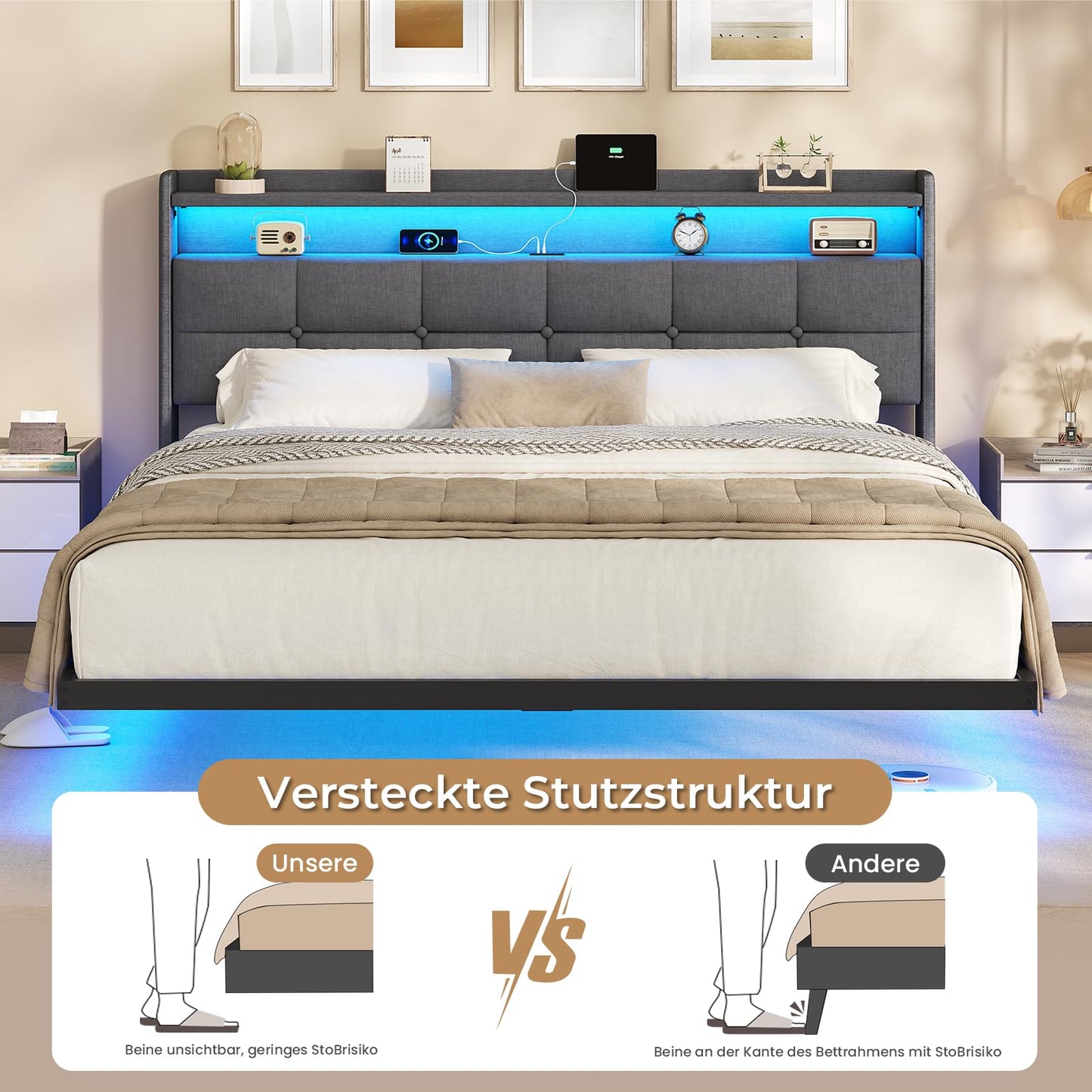 AOGLLATI Upholstered Bed 140 x 200 cm, Double Bed Frame, Bed Frame with LED Lighting and Charging Station, Bed Frame with Headboard, Bed Floating Bed Frame, Metal Bed, Linen, Dark Grey (without