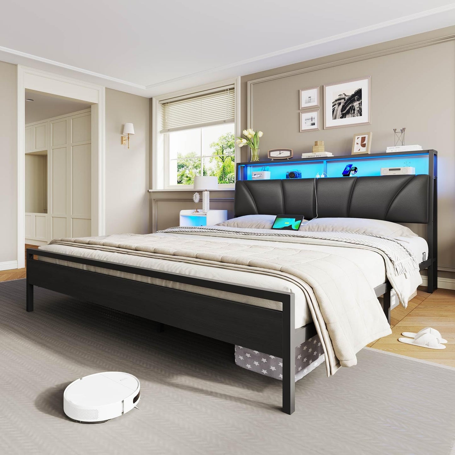 Brinlawb Bed 140 x 200 cm with Metal Slatted Frame, Bed Frame 140 x 200 cm with LED Lighting, Metal Bed 140 x 200 cm with Headboard and Charging Station (2 AC Sockets, 2 USB Ports), Youth Bed, Double