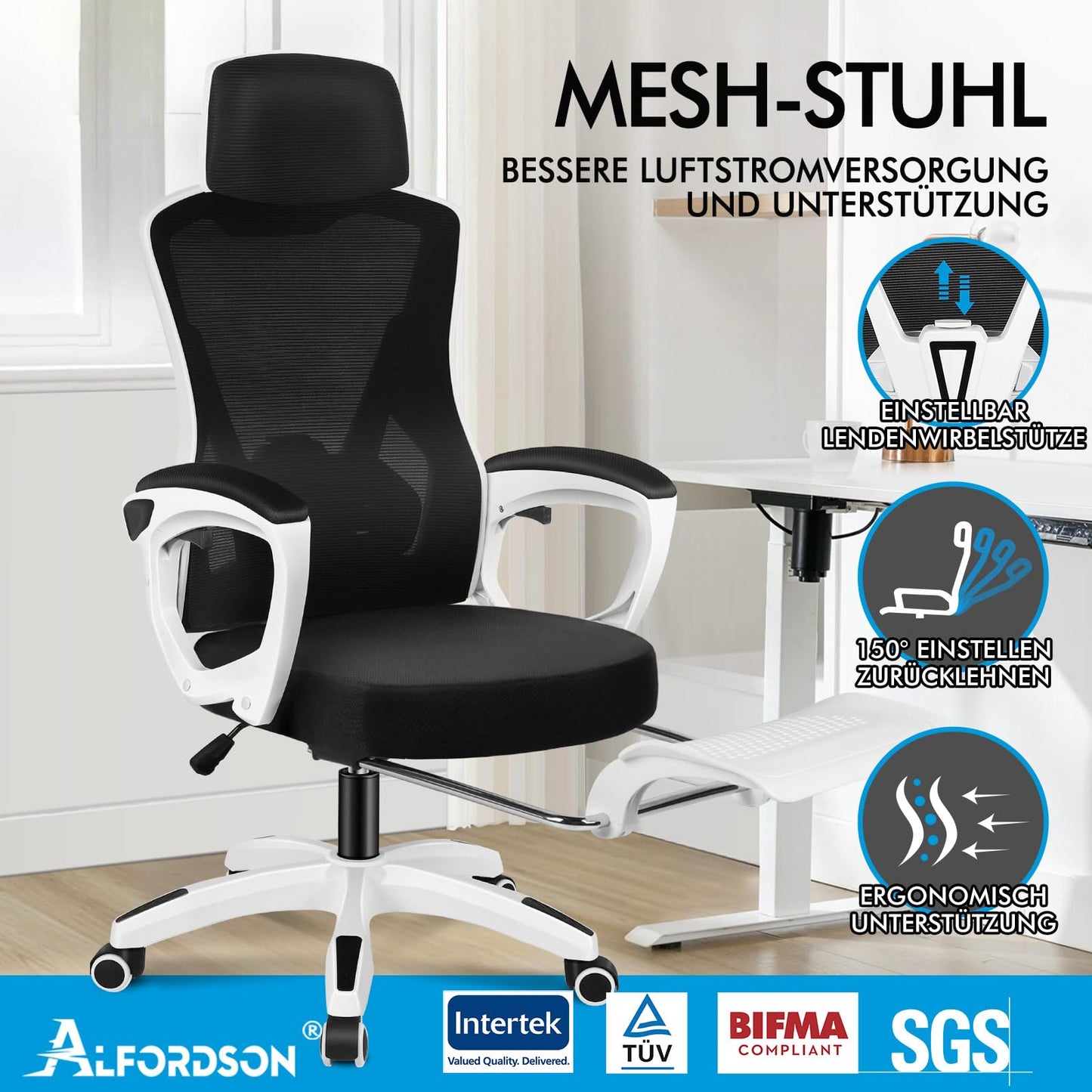 ALFORDSON Bürostuhl, Lendenstütze, Atmungsaktives Netz und Stoff, Hochklappbare/Verstellbare Armlehnen, Hochwertiger Schaumstoff, 180kg für Zuhause & Gaming, Wale, Schwarz