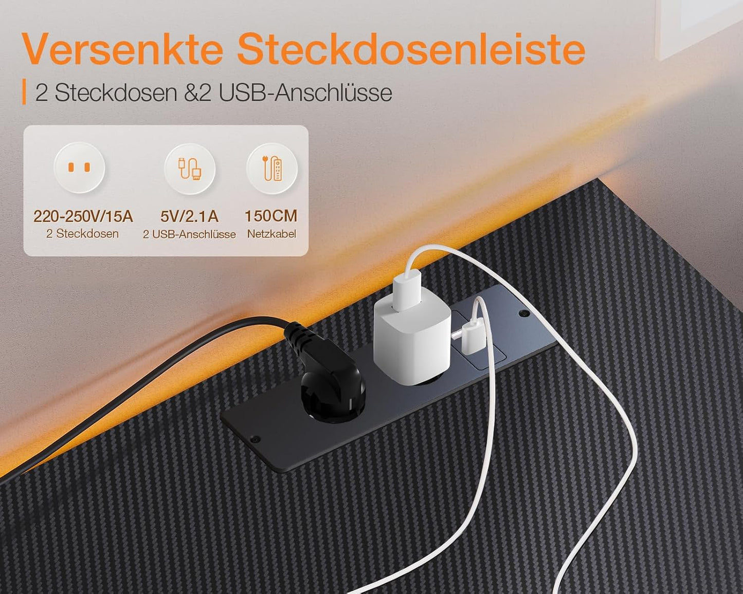 ODK Gaming Tisch, Reversibel Gaming Schreibtisch mit 2 Steckdosen und 2 USB Ladeanschluss, Eckschreibtisch für Office und Gaming, Weiß, 150×102cm