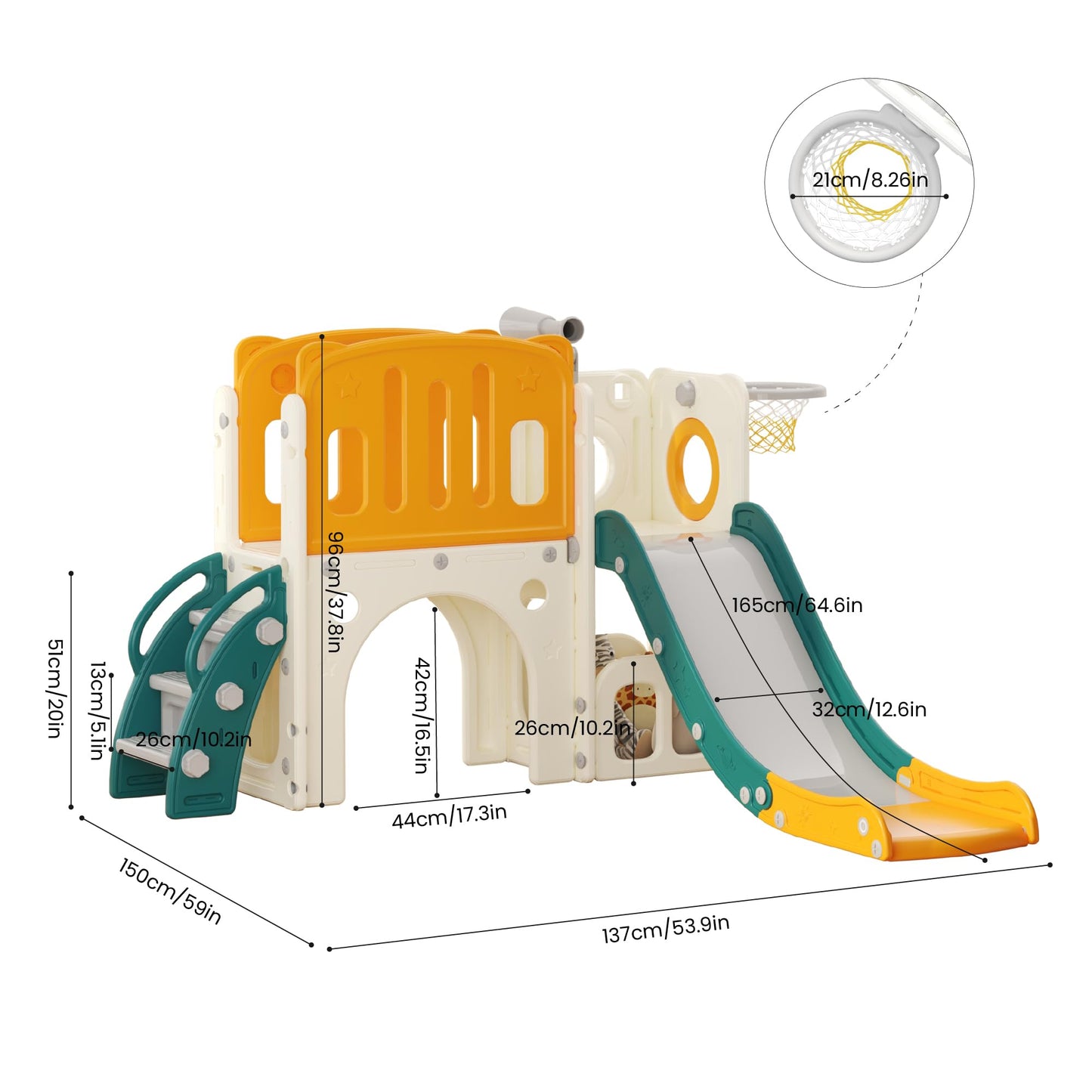 hoopyosms Kinder Rutsche Mit Klettergerüst, Basketballkorb Und Tunnel, Indoor-Kunststoffrutschenset Für Kinder, Montessori-Spielzeug Für Den Spielplatz, Grün