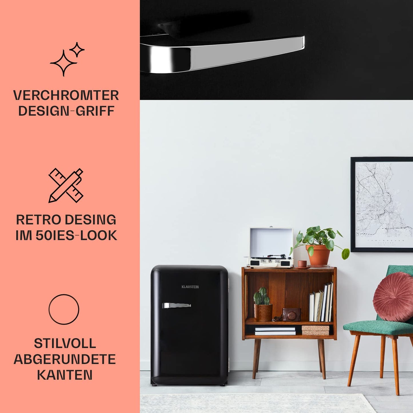 Klarstein Kühlschrank, Mini-Kühlschrank für Getränke, Kühlschrank Klein, Kleiner Kühlschrank Lautlos, Skincare Fridge, Vintage Design, Camping Kühlschrank, Minikühlschrank für Zimmer, 0-10°C, 70 L