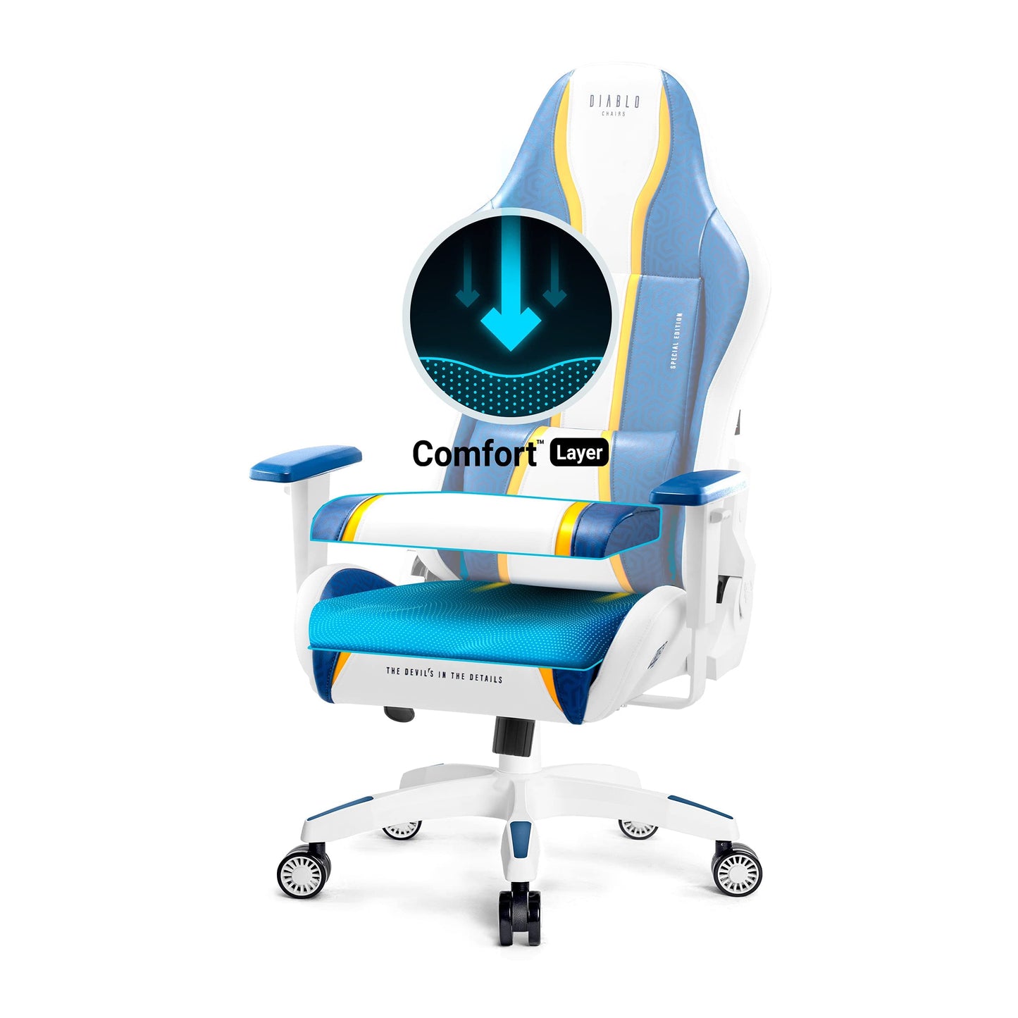 Diablo X-One 2.0 Gaming Stuhl Gamer Chair Bürostuhl Schreibtischstuhl Verstellbare Armlehnen Ergonomisches Design Nacken/-Lendenkissen Wippfunktion Aqua Blue Normal (L)