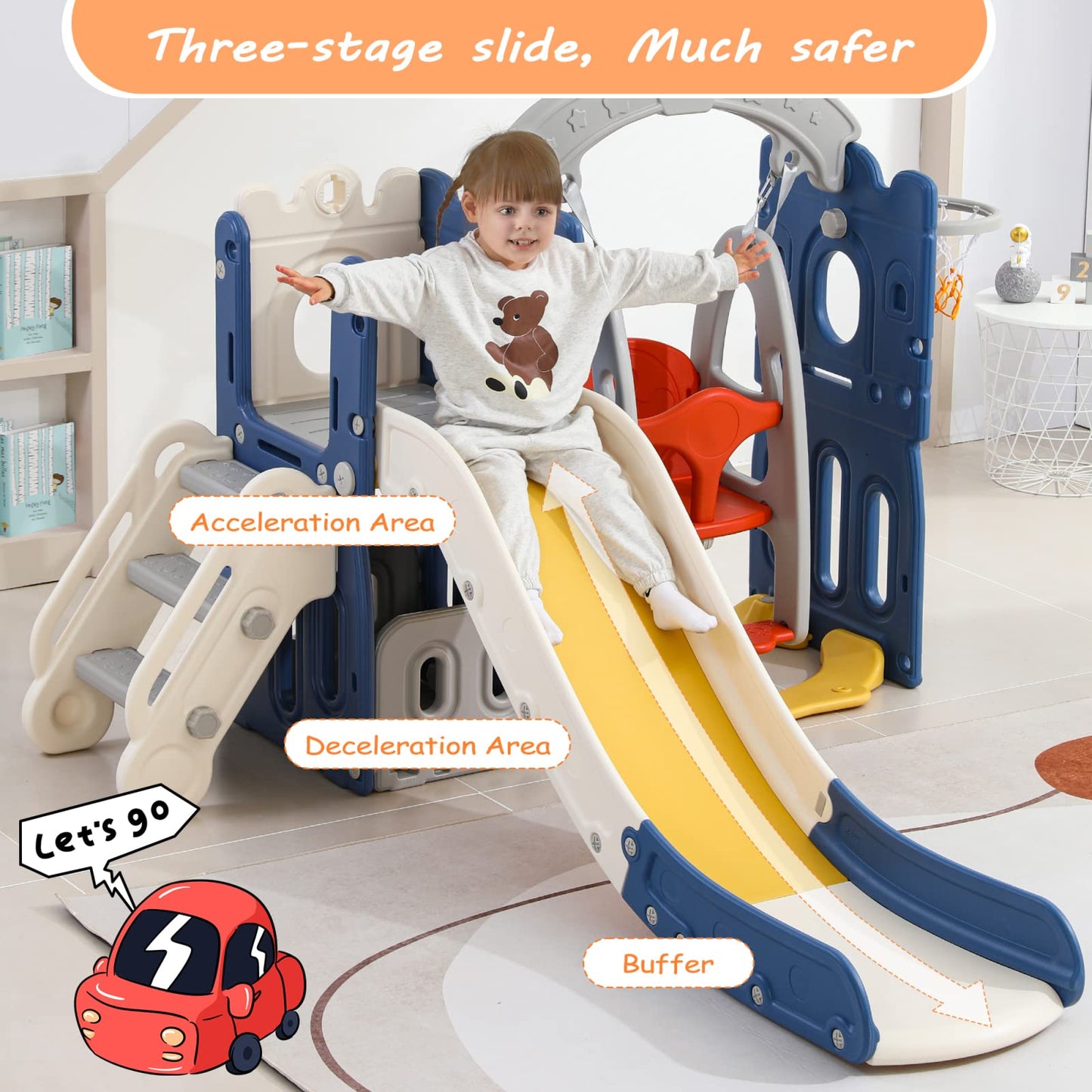 BestAlice 4 in 1 Kinderrutsche Set für Outdoor und Innen, Spielplatz mit Schaukel, Basketballkorb, Kletterleiter, Indoor- und Outdoor-Spielset, 18 Monate + (Blau)