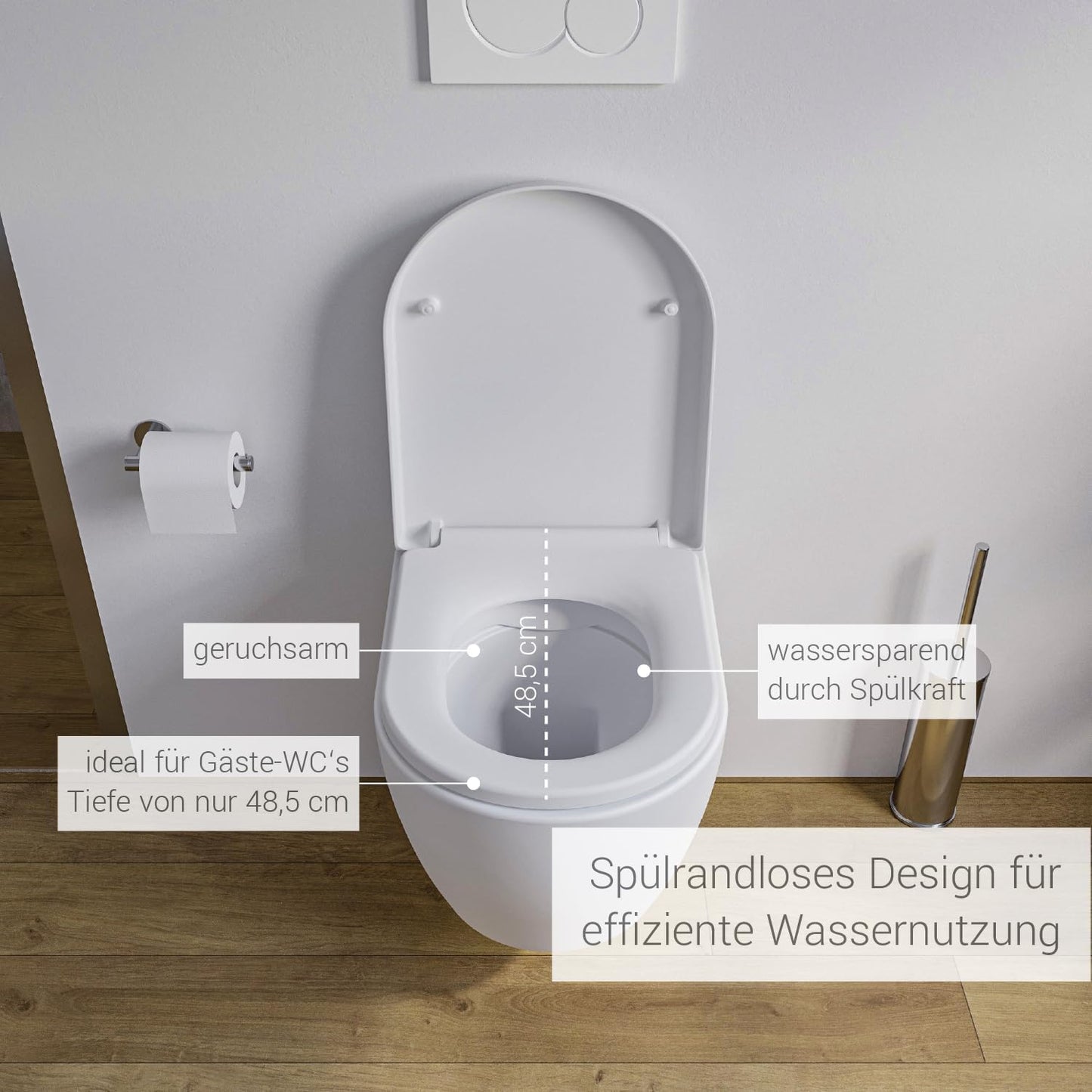 NT2038 Rimless Wall-Mounted Toilet White Shortened Version Ideal for Guest Toilets with SoftClose Lid (Soft-Close Mechanism), Toilet Made of Sanitary Ceramic with Removable Toilet Seat, Washdown