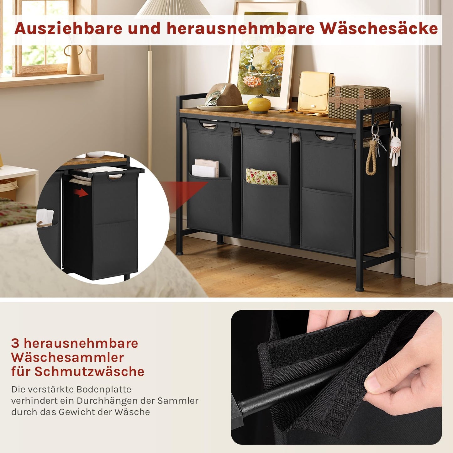 WOLTU Laundry Basket, 3 Compartments, Each 40 L, Laundry Hamper with Shelf Metal Frame, Oxford Fabric Laundry Bag, Extendable, Removable, Laundry Sorter, Laundry Container, White