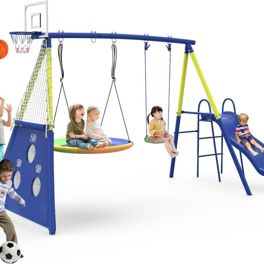 Redkid Schaukel-Sets für den Garten, Schaukel und Rutsche Set, Tragfähigkeit 440lbs 5 in 1 Outdoor-Schaukel-Set mit Rutsche, Untertasse Schaukel, Schaukel Sitz, Fußballtore und Basketballkorb