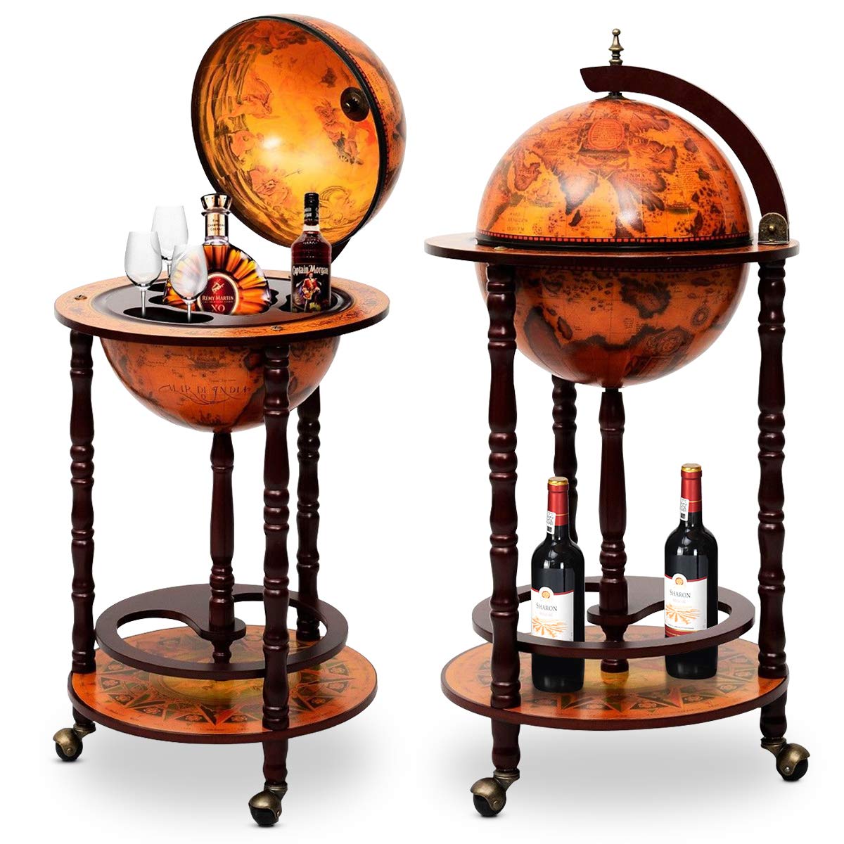 RELAX4LIFE Globe Bar on Wheels, Bar Trolley with World Globe, Bar Table Solid Wood, Serving Trolley with Wine Bottle Holder, Mobile Cocktail Bar, Antique Look, Decorative Mini Bar Serving Table
