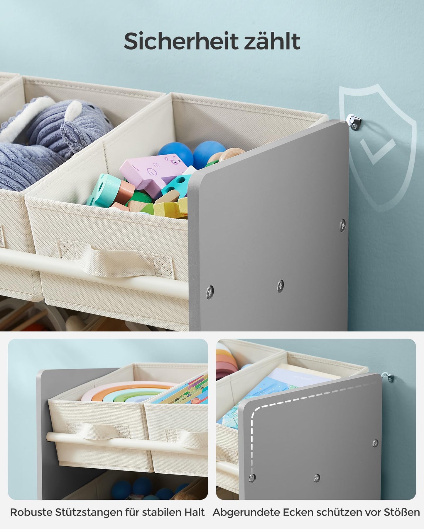 SONGMICS Kinderregal, Spielzeugregal, Bücherregal Kinder, mit 9 Aufbewahrungsboxen aus Vliesstoff, Kinderzimmer Regal, geräumig, 29,5 x 62,5 x 60 cm, wolkenweiß GKR033W10