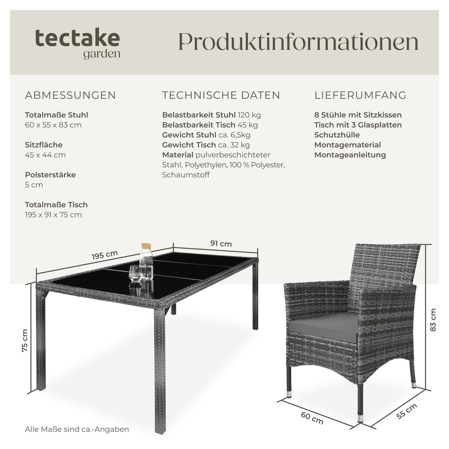 tectake® edles Outdoor Gartenmöbel Set Rattan Sitzgruppe mit Sessel und Tisch für 8 Personen, inkl. Schutzhülle und Polstern, Balkon Möbel wetterfest - Natur/dunkelgrau