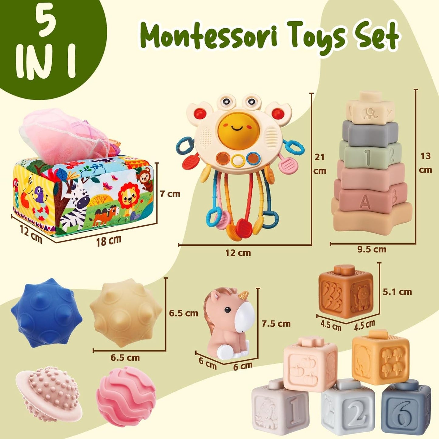 JOKSNK Montessori Spielzugug ab 1 Jahr, 5 In 1 Babyspielzeug, Gestapelter Turm, Tissue -Boxen, Gestapelte Spielzeuge, Squeeze BäLle, Geschenk FüR Jungen Und MäDchen Von 6 9 12 Monaten 1 2 3 Jahre