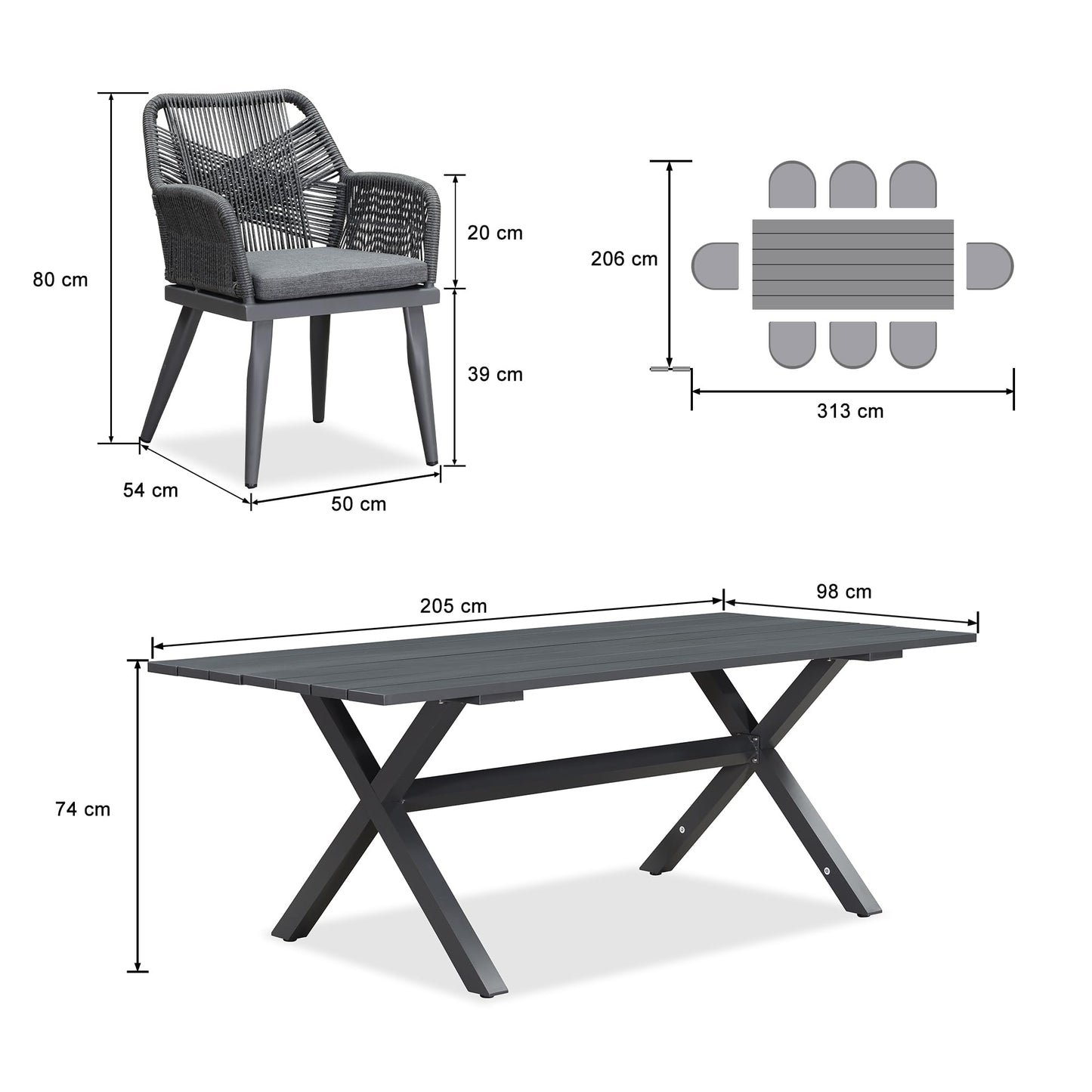 PURPLE LEAF 9-TLG Gartenmöbel Set,Aluminium Terrassenmöbel 8 Gartenstühle mit Tisch Balkonmöbel Essgruppe Gartengarnitur, Grau