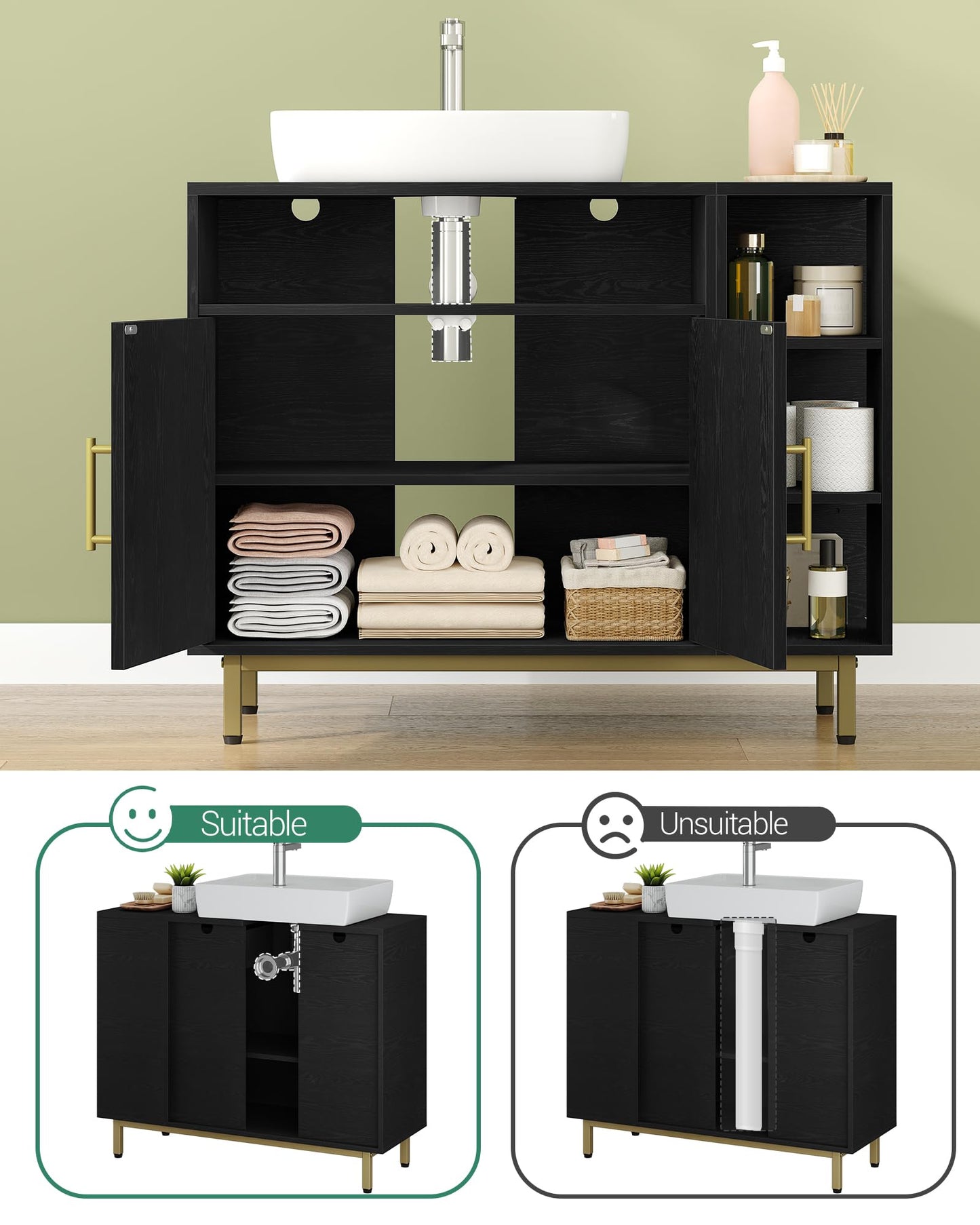 Hzuaneri BC28813G Bathroom Cabinet 1 Drawer 2 Cabinet Doors Open Compartment with 3 Levels Adjustable Shelf White 30 x 80 x 64 cm