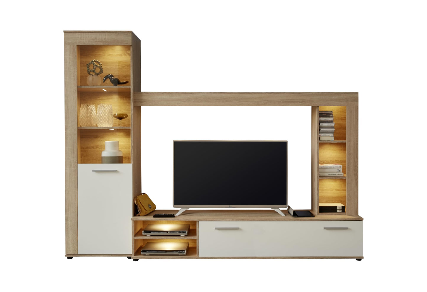 trendteam smart living - Logo - Wall Unit - Brown - Wall Unit with 1 Door, 1 Flap and 6 Open Compartments - (W x H x D) 240 x 185 x 41 cm - Silver Matte Handles