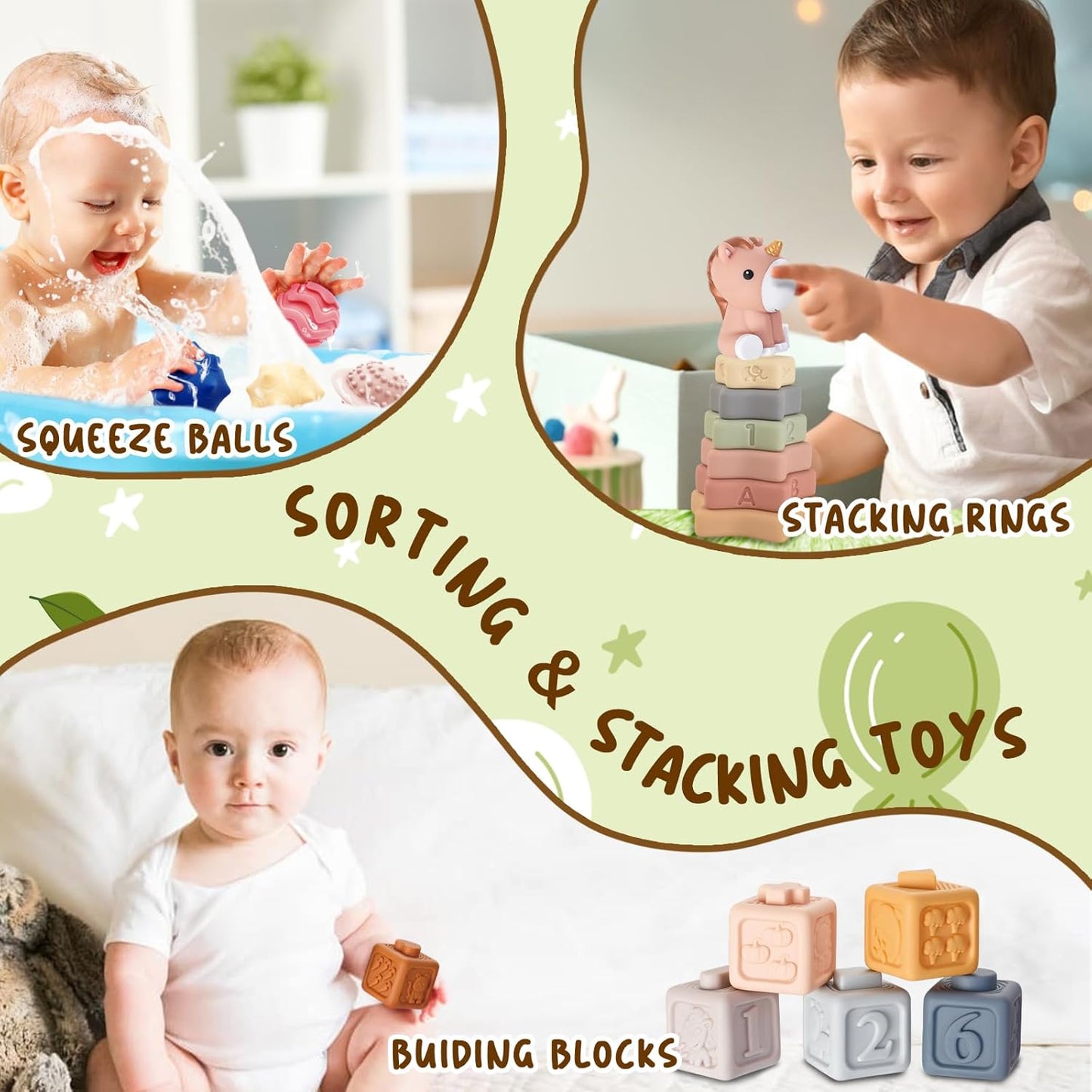 JOKSNK Montessori Spielzugug ab 1 Jahr, 5 In 1 Babyspielzeug, Gestapelter Turm, Tissue -Boxen, Gestapelte Spielzeuge, Squeeze BäLle, Geschenk FüR Jungen Und MäDchen Von 6 9 12 Monaten 1 2 3 Jahre