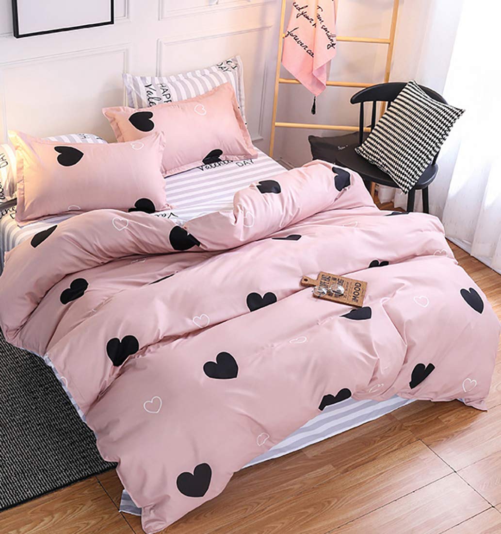 AShanlan Girls' Pink Hearts Children's Bed Linen 135 x 200 cm Pillowcase 80 x 80 cm Grey Pink Reversible Children's Bedding Set 100% Microfibre Duvet Cover with Zip