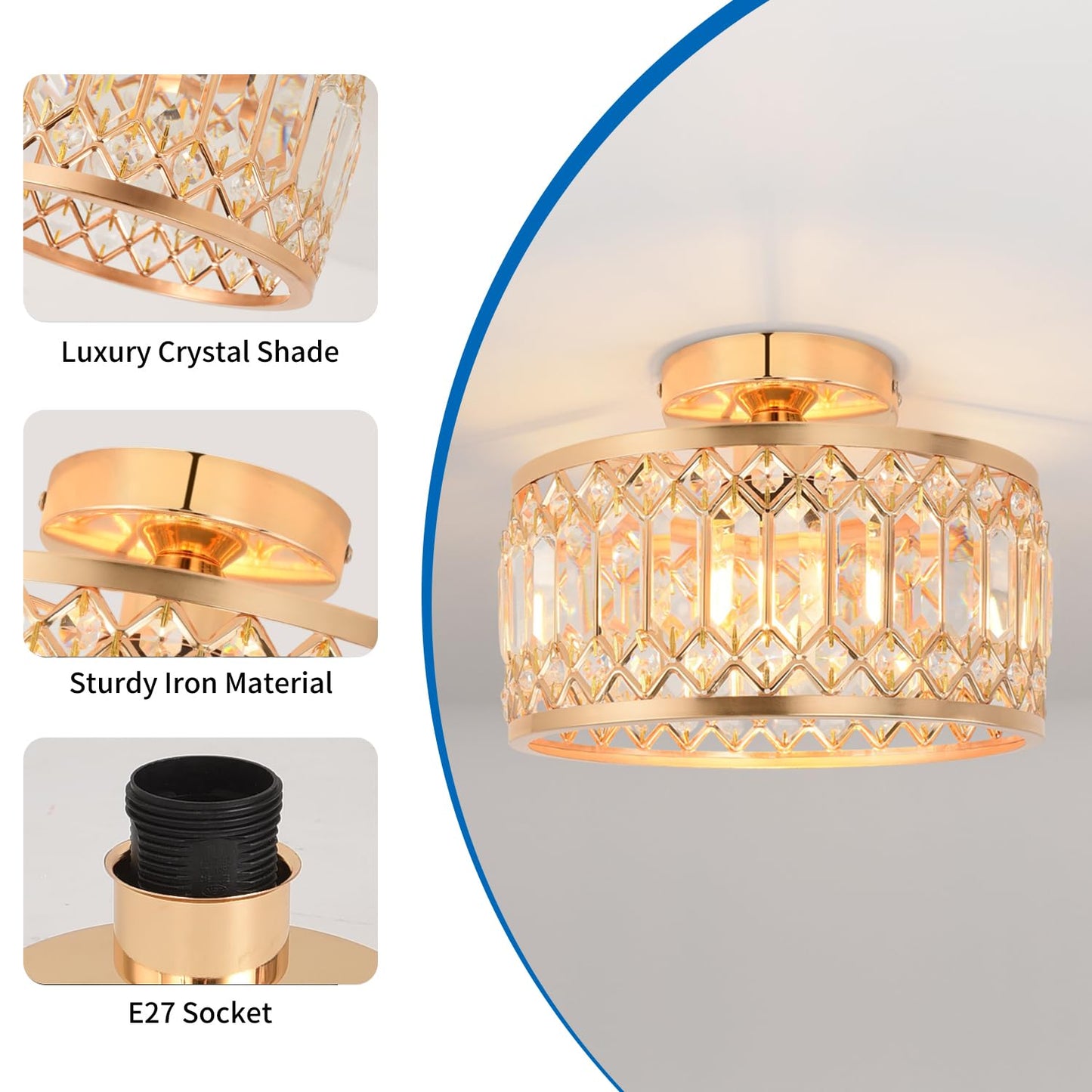 ANWIO Ceiling Light Living Room, Modern Crystal Ceiling Light Black Living Room, E27 Crystal Chandelier Bedroom with Glass Lampshade for Dining Room, Kitchen, Hallway, Office, Diameter 27 cm